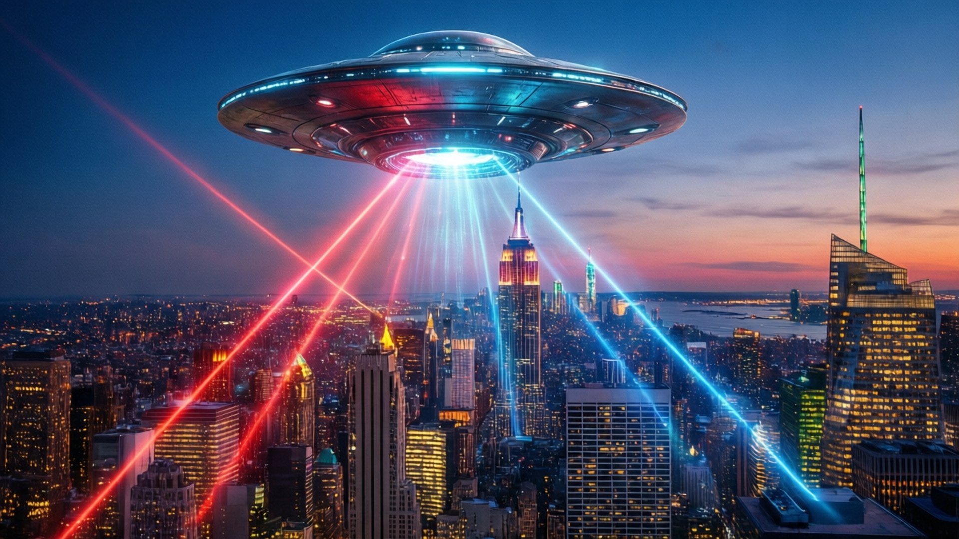 UFO在黃昏時分於城市上空發射紅色和藍色激光。