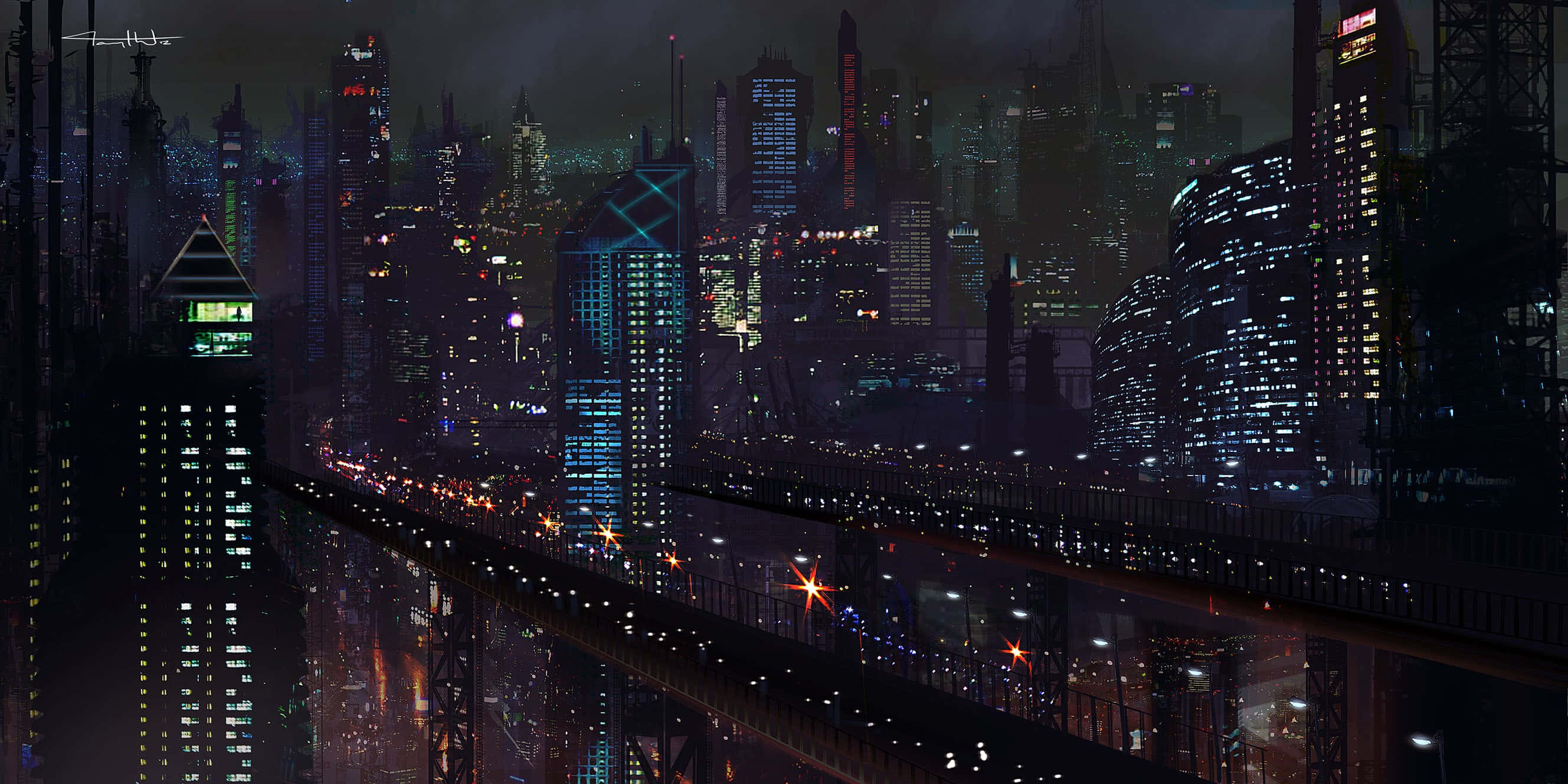 賽博朋克城市夜景 壁紙 — 未來城市天際線夜景，閃爍的摩天大樓和橋樑在雨濕的街道上反射霓虹燈光。