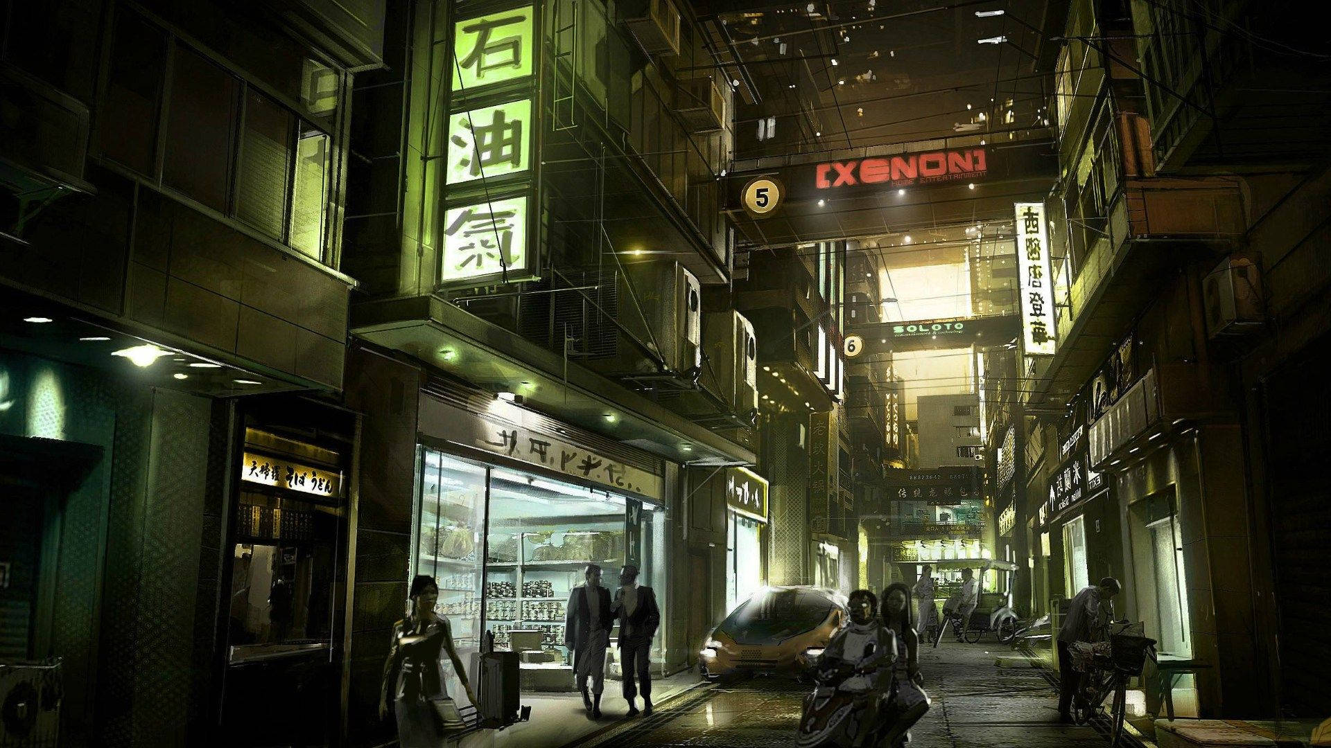 日本城市的夜晚小巷，有發光的霓虹招牌和行人。