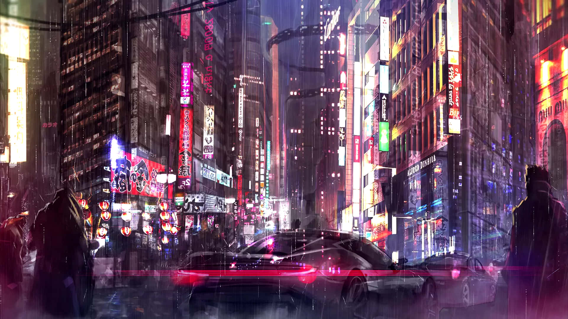 未來主義的城市街道，夜晚有霓虹燈、雨水和發光的汽車。