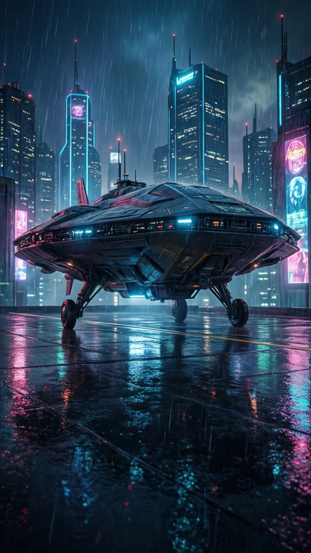 未來飛行汽車在夜間霓虹燈照亮的賽博朋克城市濕滑街道上行駛。