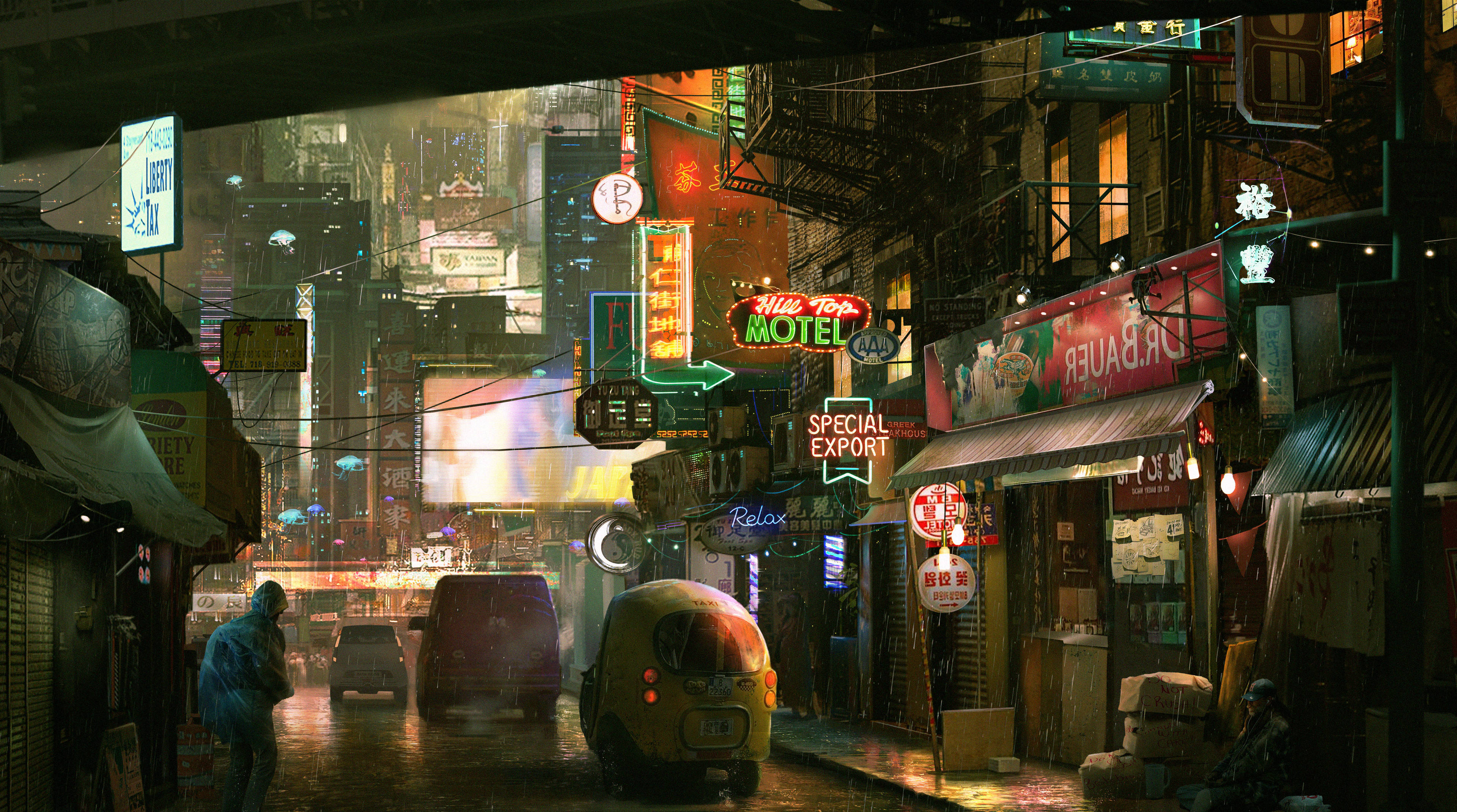 賽博朋克桌面：科幻城市街景 壁紙 — 雨濕的霓虹燈小巷，在密集的未來城市中，發光的招牌和復古汽車在濕漉漉的路面上反射。