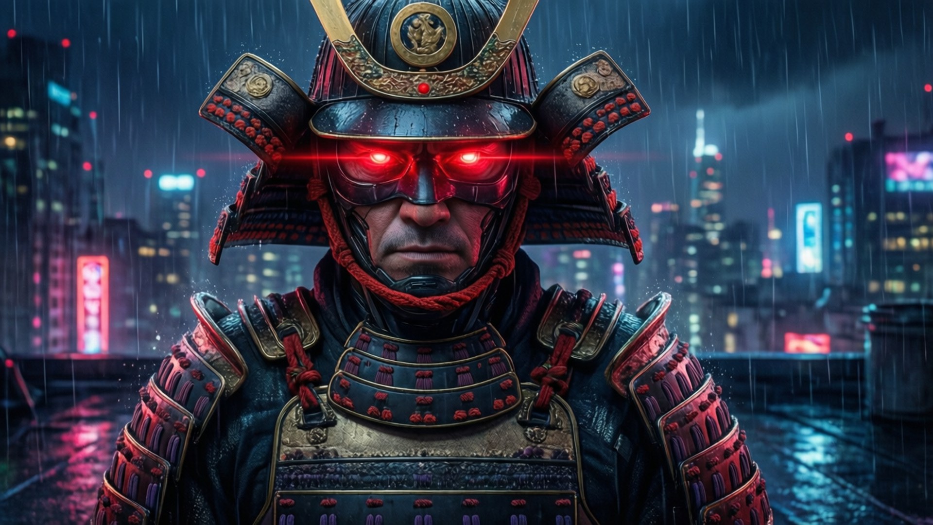 賽博朋克武士雷射眼 壁紙 — 一位擁有發光紅眼的武士戰士，身穿被雨水浸透的盔甲，站在霓虹燈照亮的賽博龐克城市景觀中。