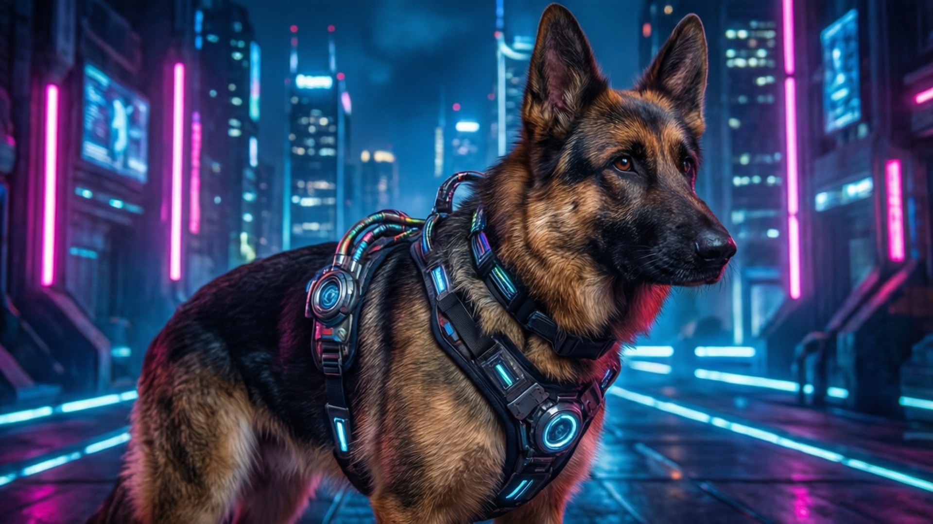 賽博朋克犬隻 壁紙 — 一隻德國牧羊犬穿著發光的網絡安全帶，在夜晚霓虹燈照亮的未來城市景觀中警覺地站立。