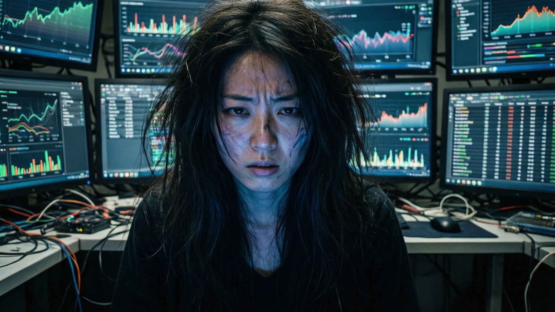 一個疲倦的女人在黑暗的科技辦公室裡盯著多個顯示器上的金融圖表。