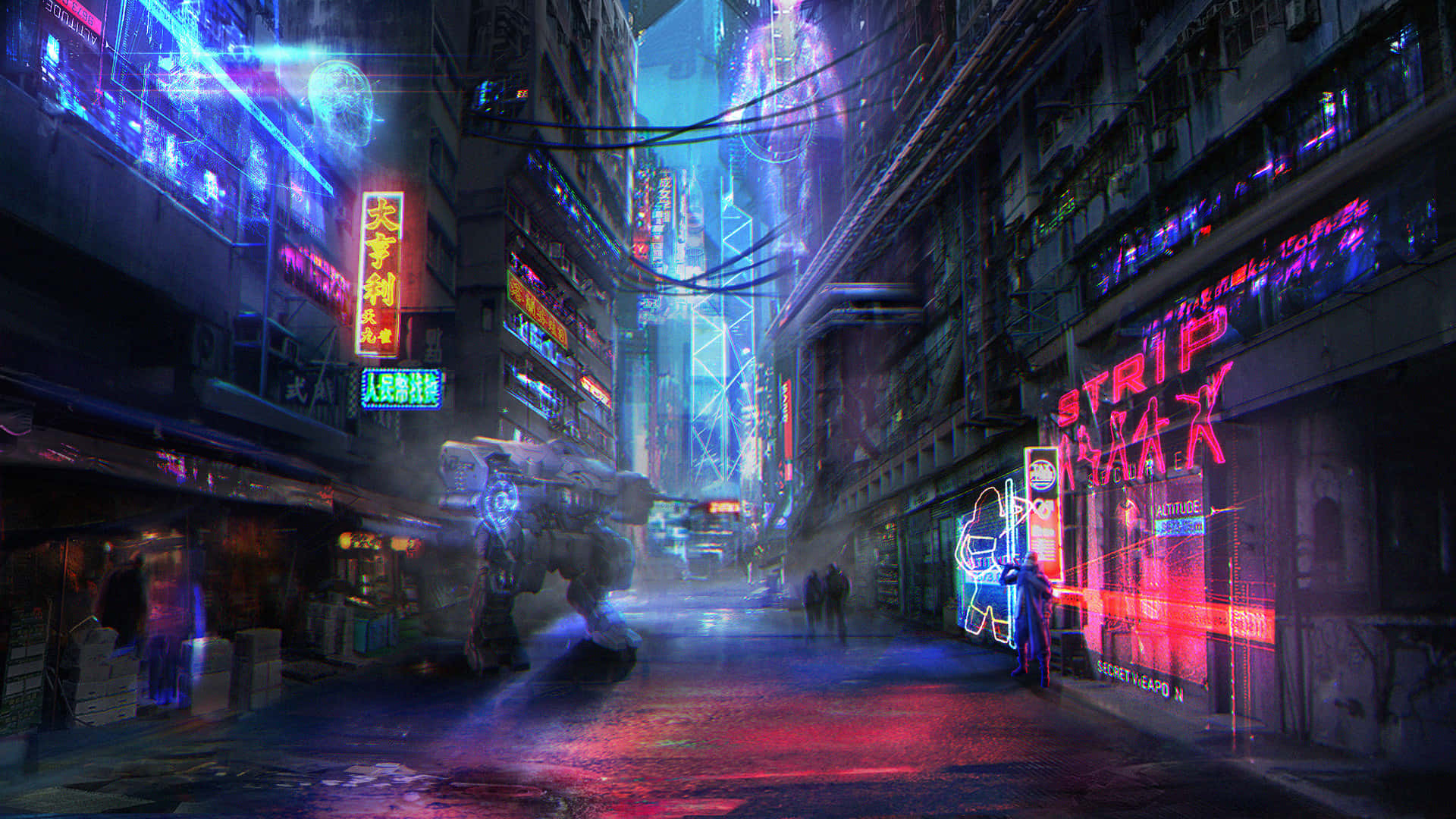 未來城市街道在夜晚被霓虹燈照亮，一個巨大的機甲在雨中行走。