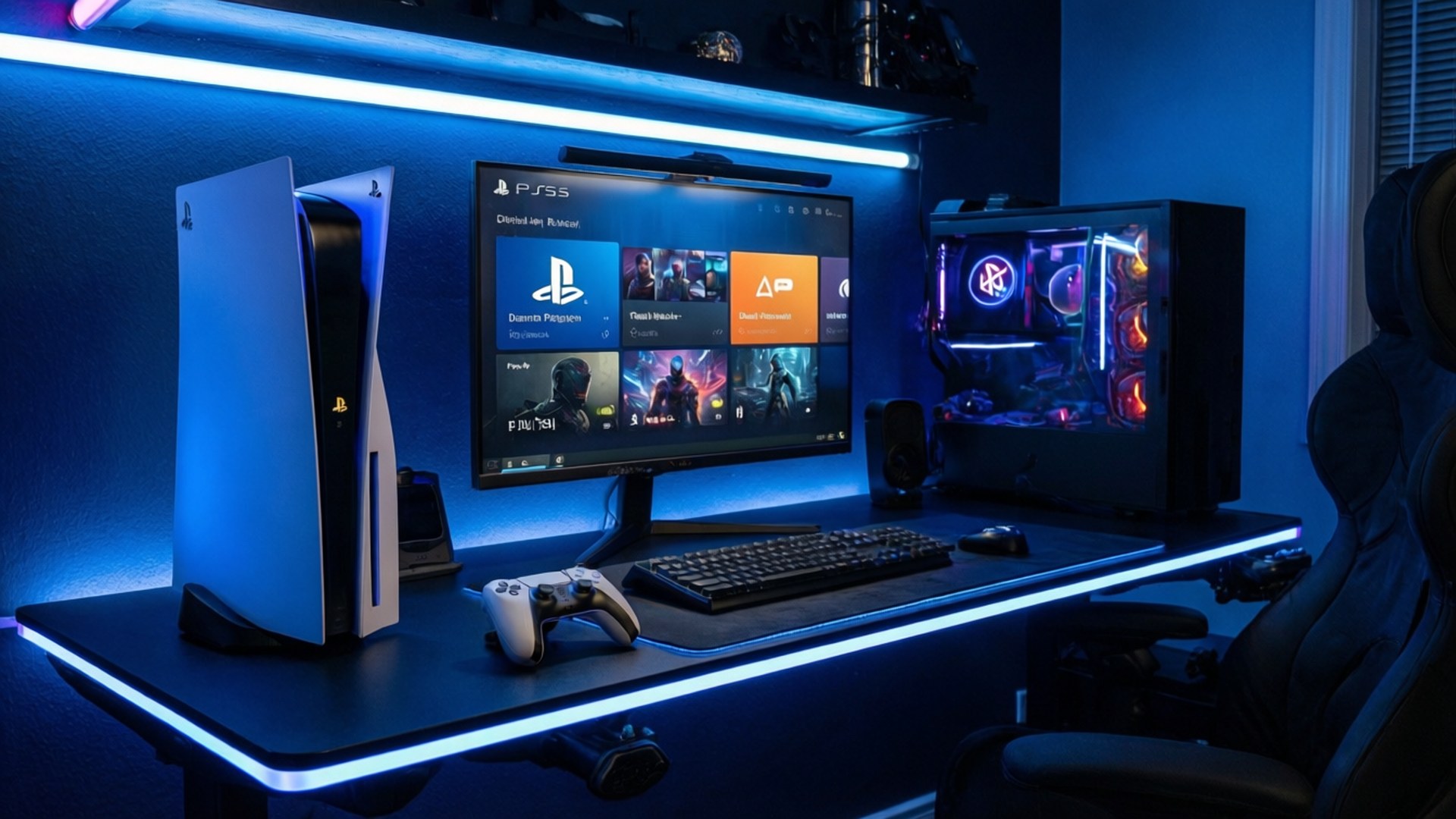 遊戲設置，配備 PlayStation 5 主機、PC 塔和顯示器，在藍色 LED 燈光下
