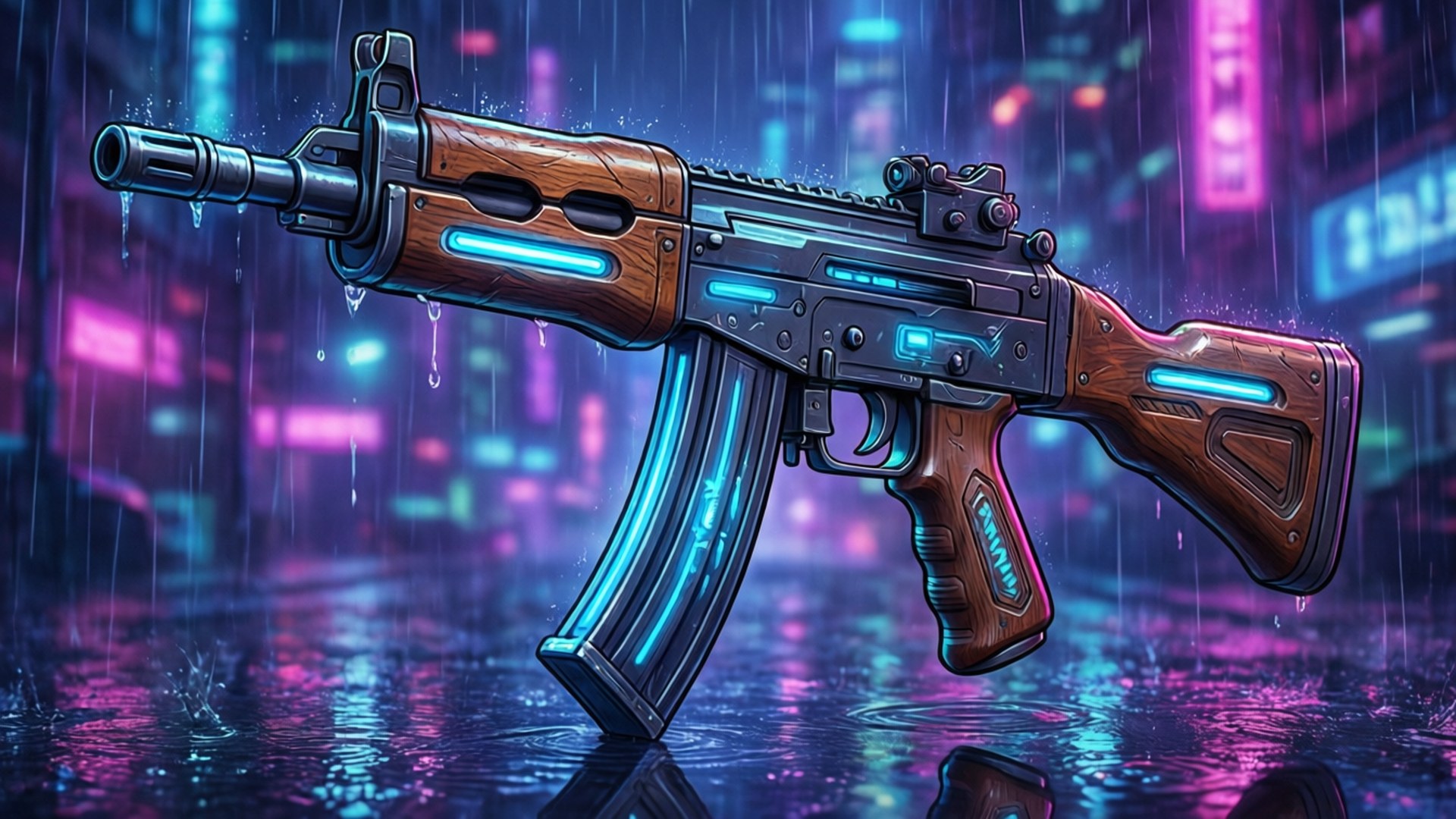 未來風格步槍在雨夜霓虹城中發出藍光