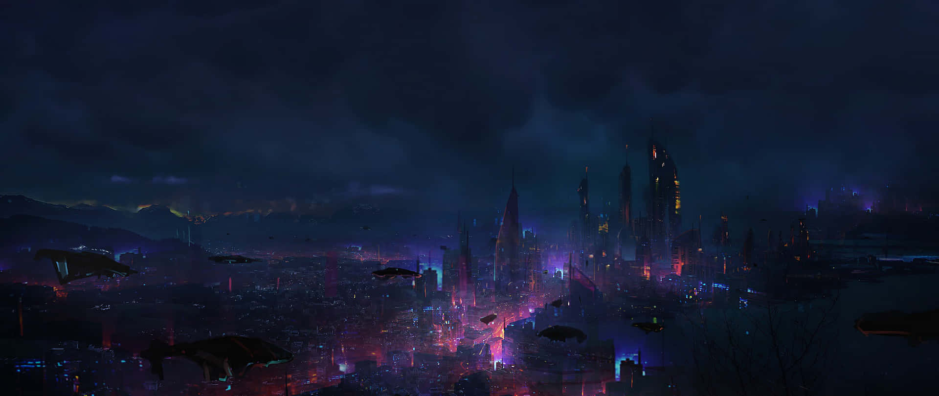 未來城市夜景，霓虹燈閃爍，飛行車輛穿梭。