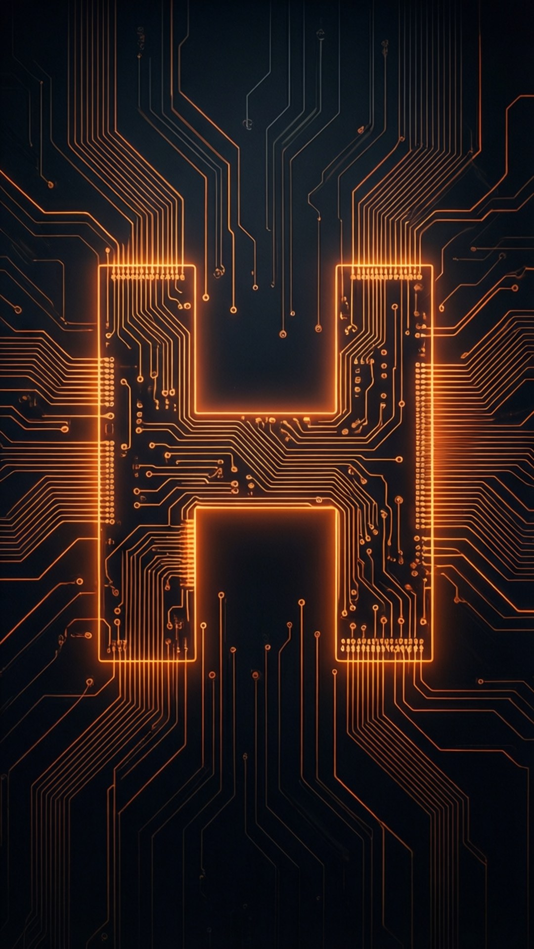 在深色背景上呈字母H形狀的發光橙色電路。
