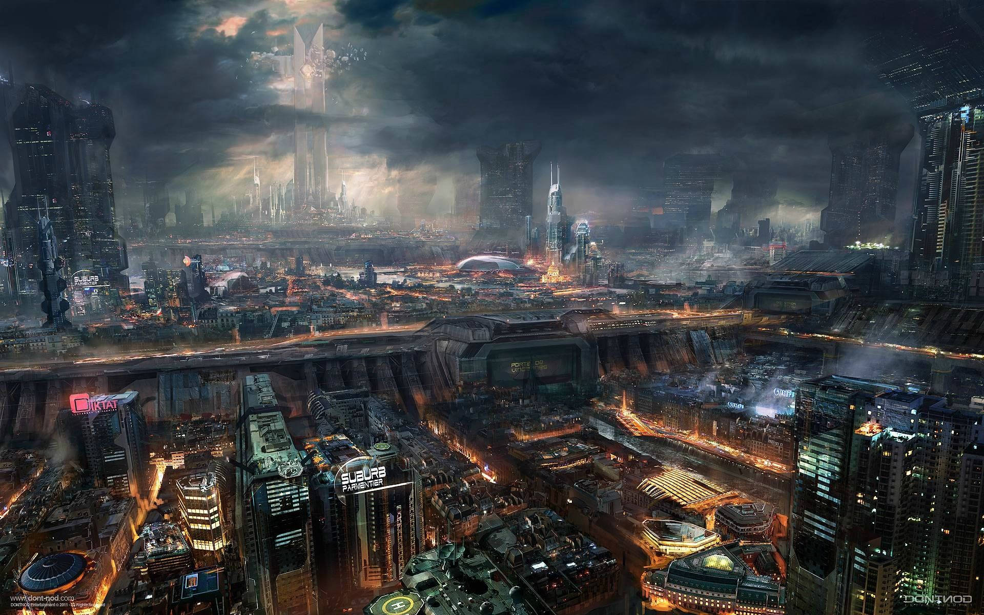 黃昏時分的未來城市天際線，發光的建築和暴風雲。