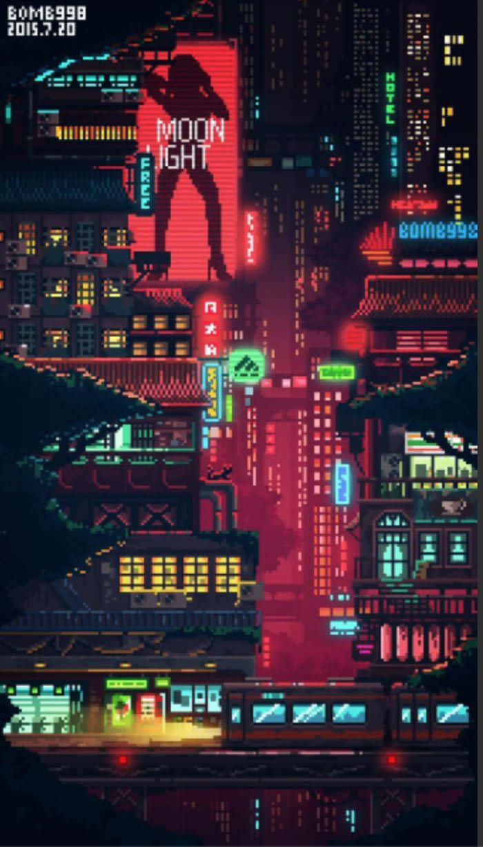 像素化的賽博朋克城市夜景，帶有發光的霓虹燈標誌和一個巨大的紅色剪影。