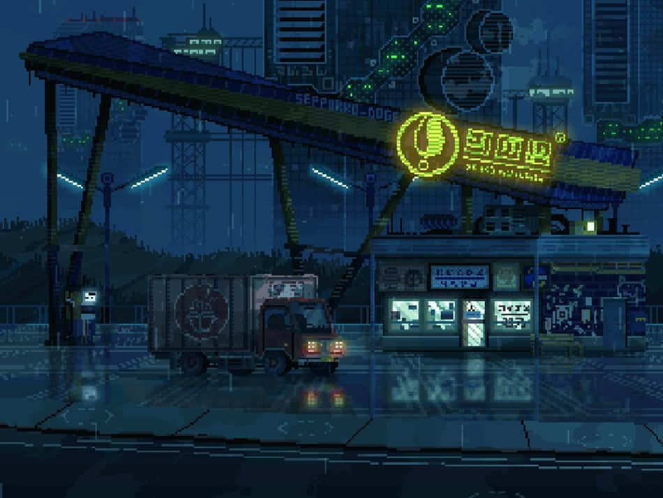 像素化卡車在發光的加油站，雨夜未來城市。