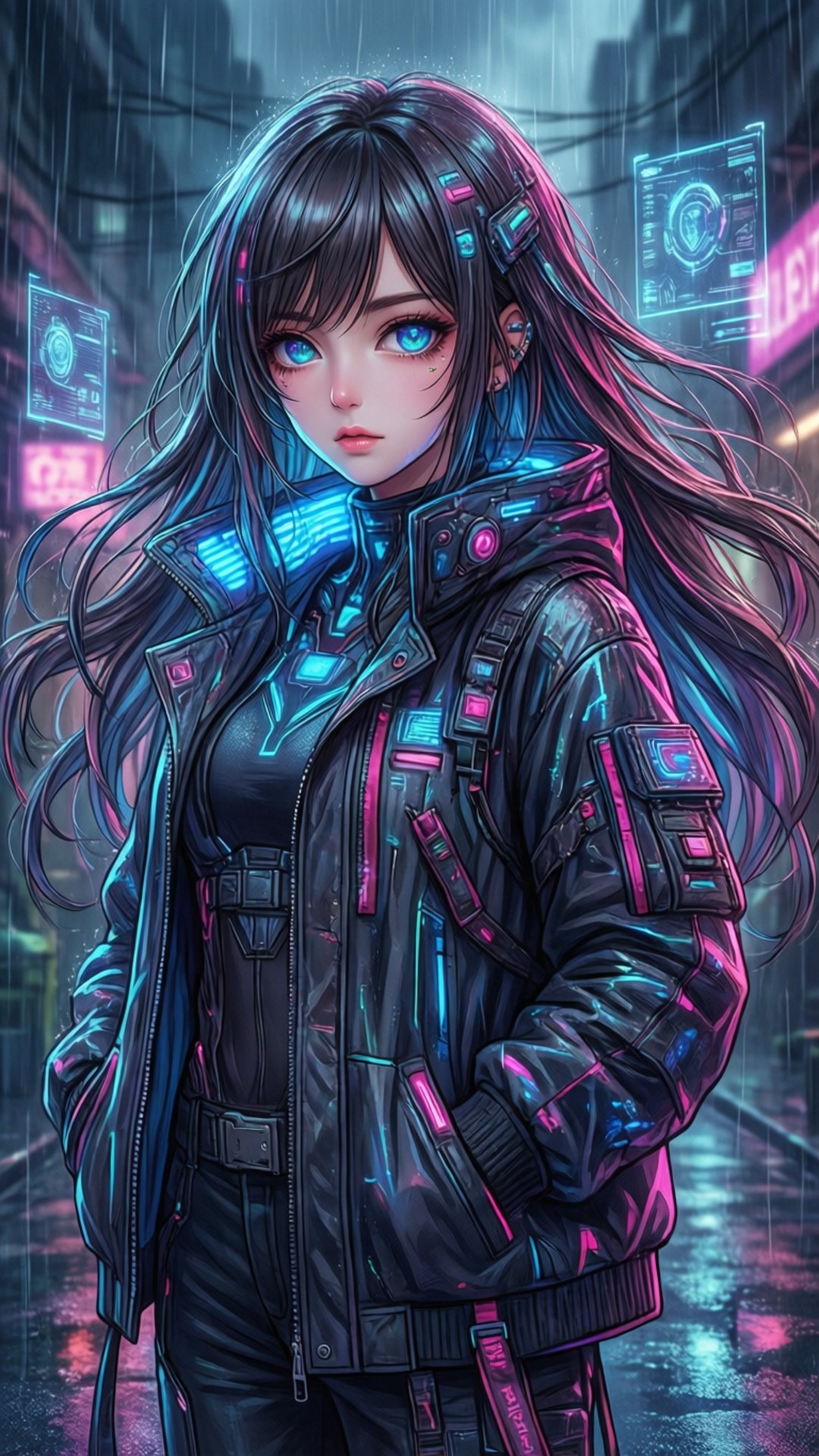 一個穿著發光外套的賽博龐克動漫女孩，站在下雨的霓虹燈街道上。