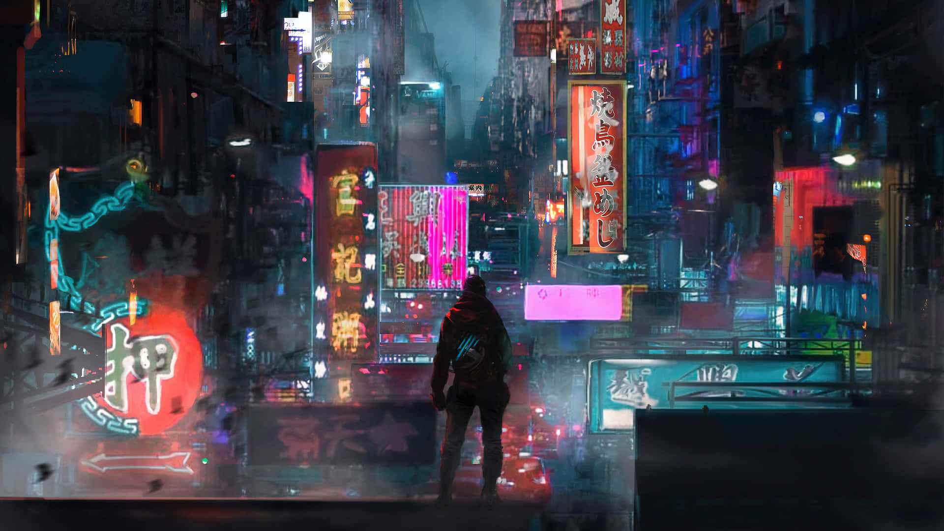 一個人在夜晚穿過霓虹燈照亮的未來城市的剪影。