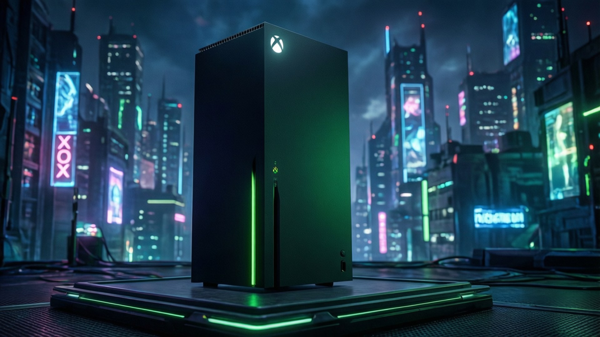 黑色Xbox主機在霓虹城市夜晚發出綠光