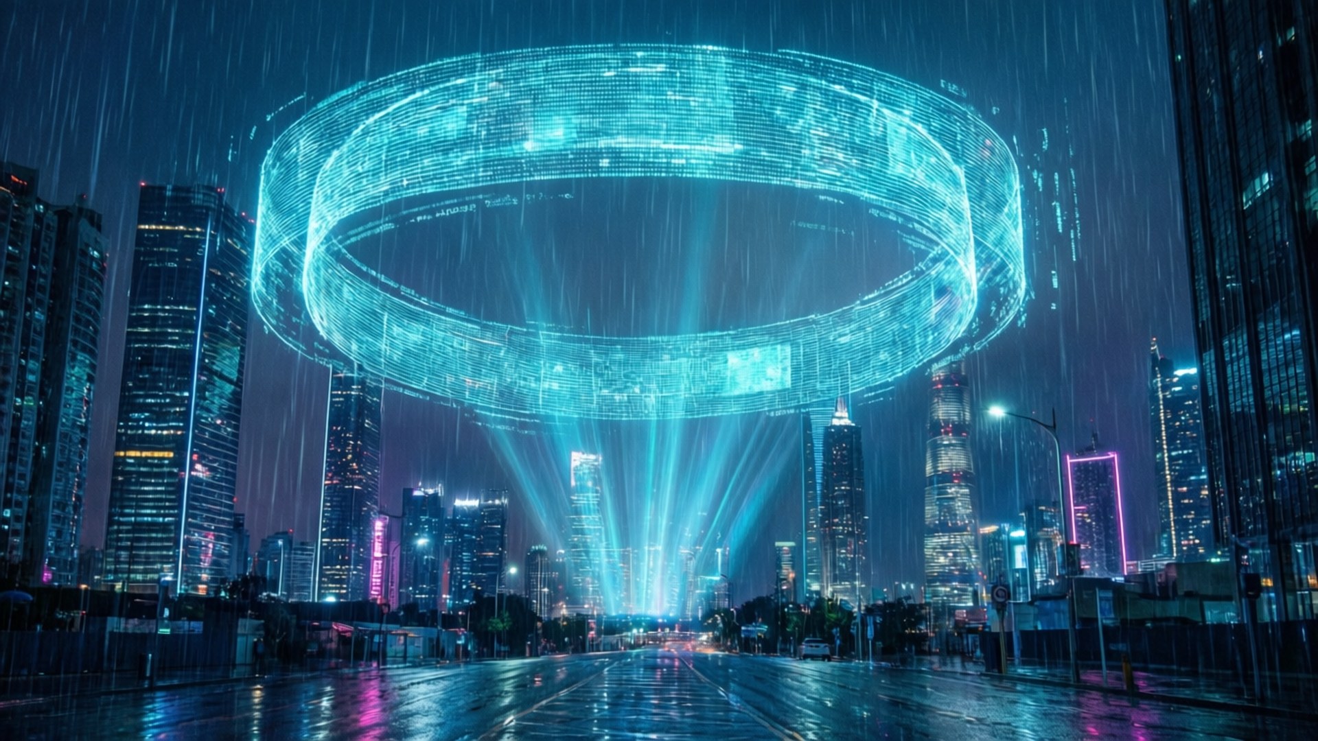 未來感發光環懸浮在雨夜霓虹城市之上，帶有光束。