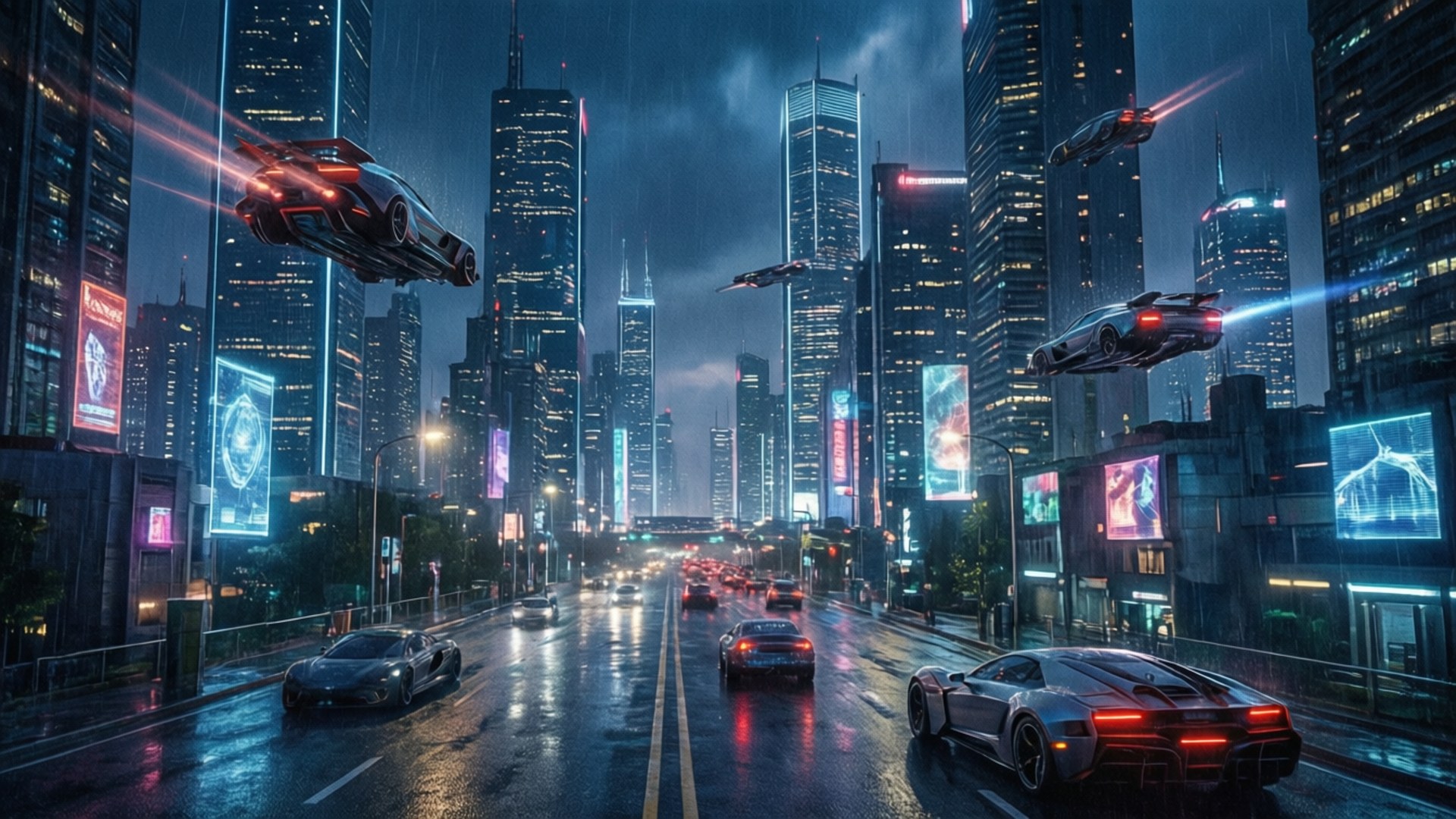 賽博龐克城市夜景 壁紙 — 未來主義的霓虹燈夜景，飛車在雨濕的街道上穿梭於高聳的摩天大樓之間。