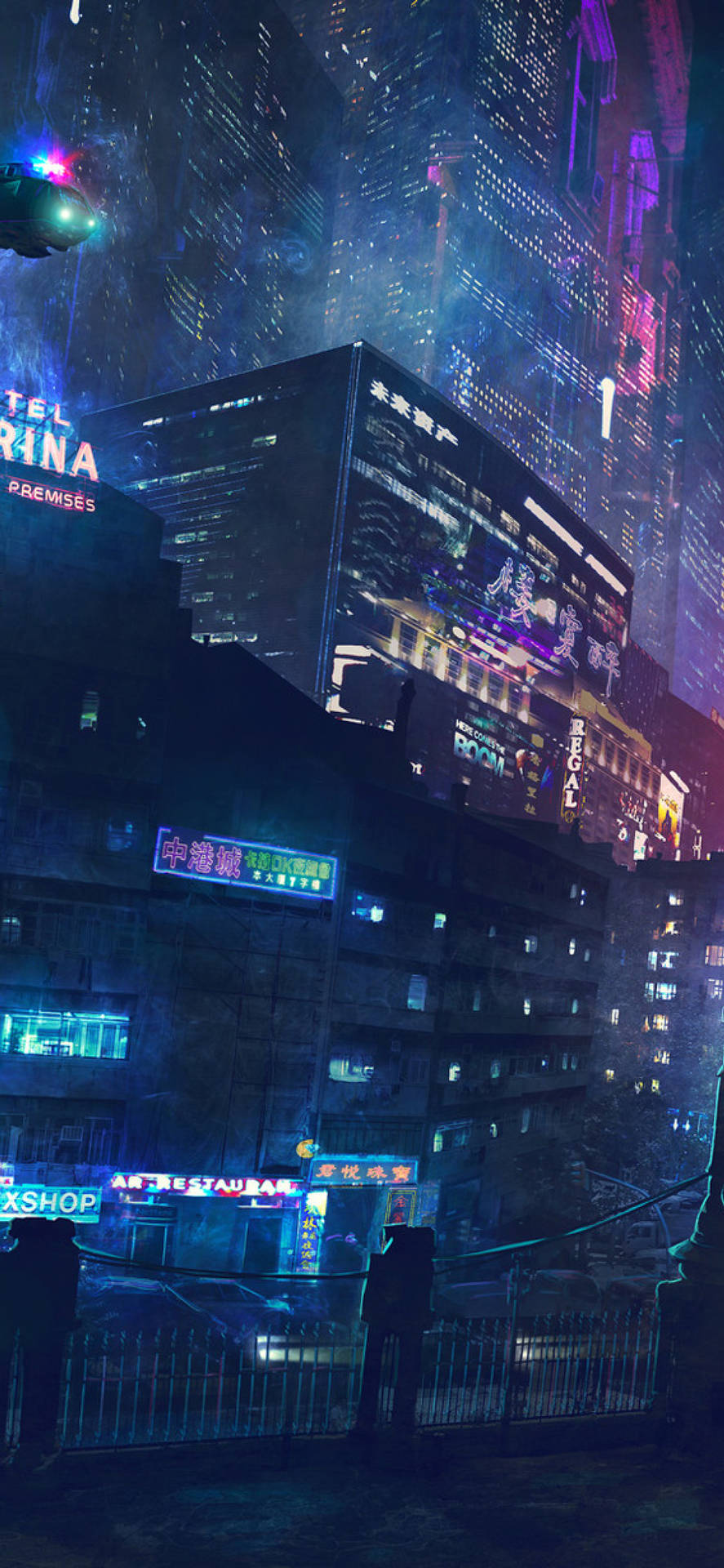 未來主義城市夜景，有發光的霓虹燈招牌和雨濕的街道。