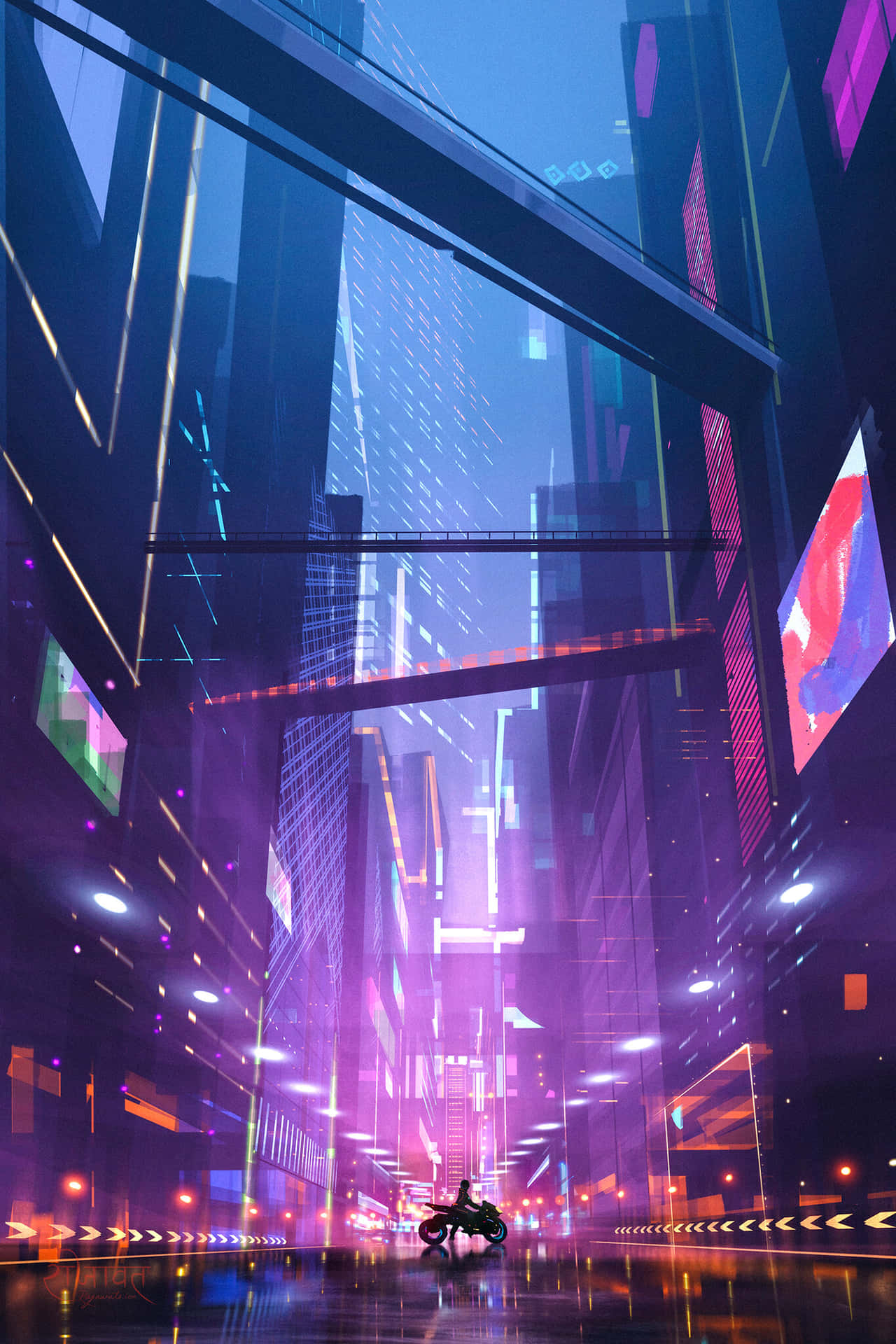 電單車手在夜晚的霓虹街道上飛馳。