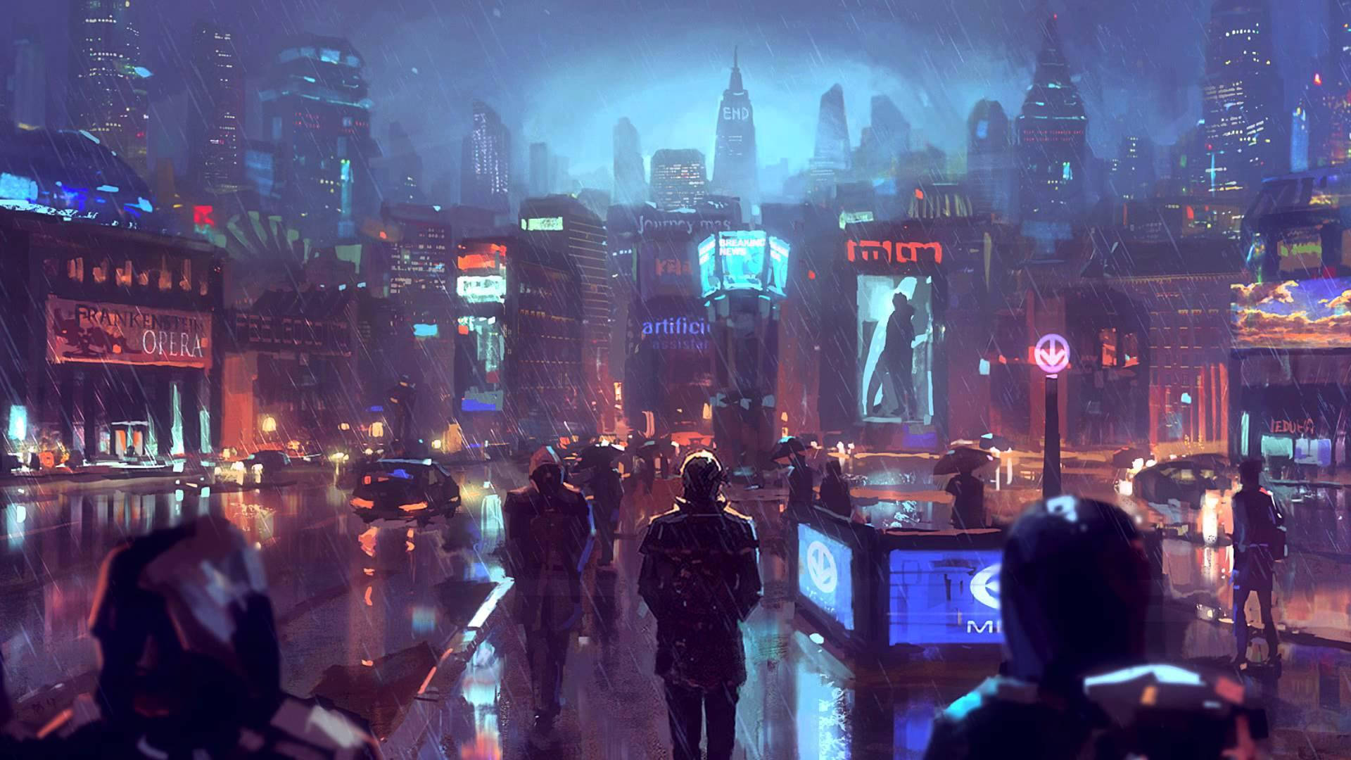 行人夜晚走在雨濕的霓虹街道上。