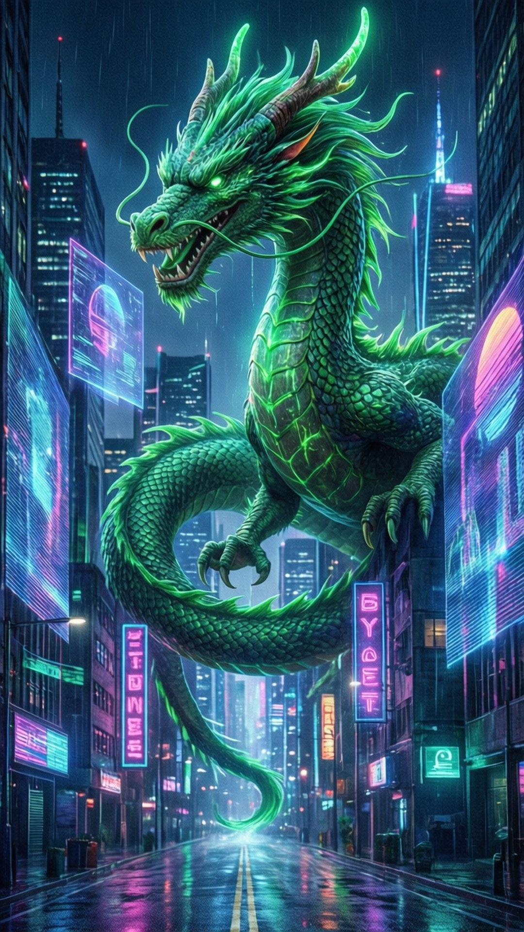 一隻發光眼睛的大綠色龍，夜晚站在潮濕的霓虹燈街道上。