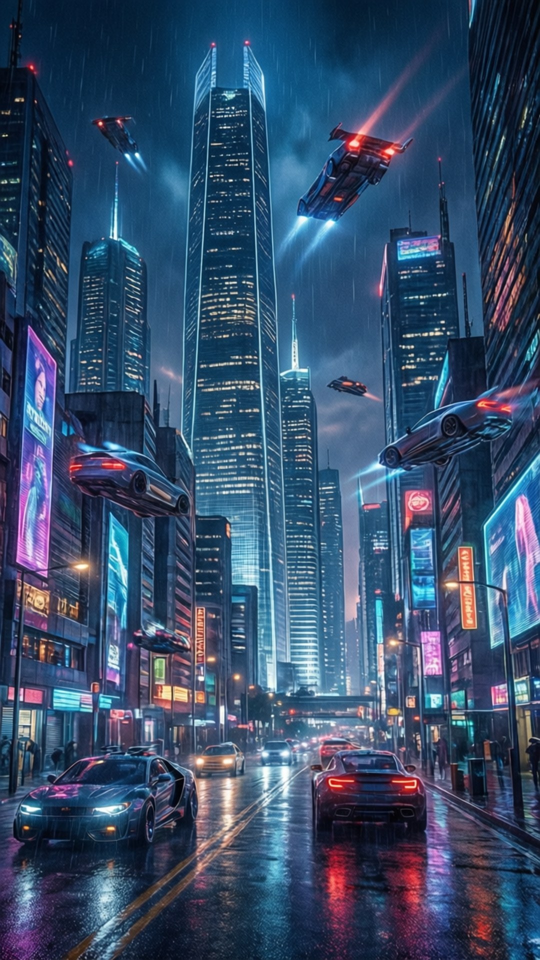 賽博龐克夜景 壁紙 — 未來城市的雨濕霓虹街道，有飛天汽車和高聳摩天大樓在黑暗天空下發光。