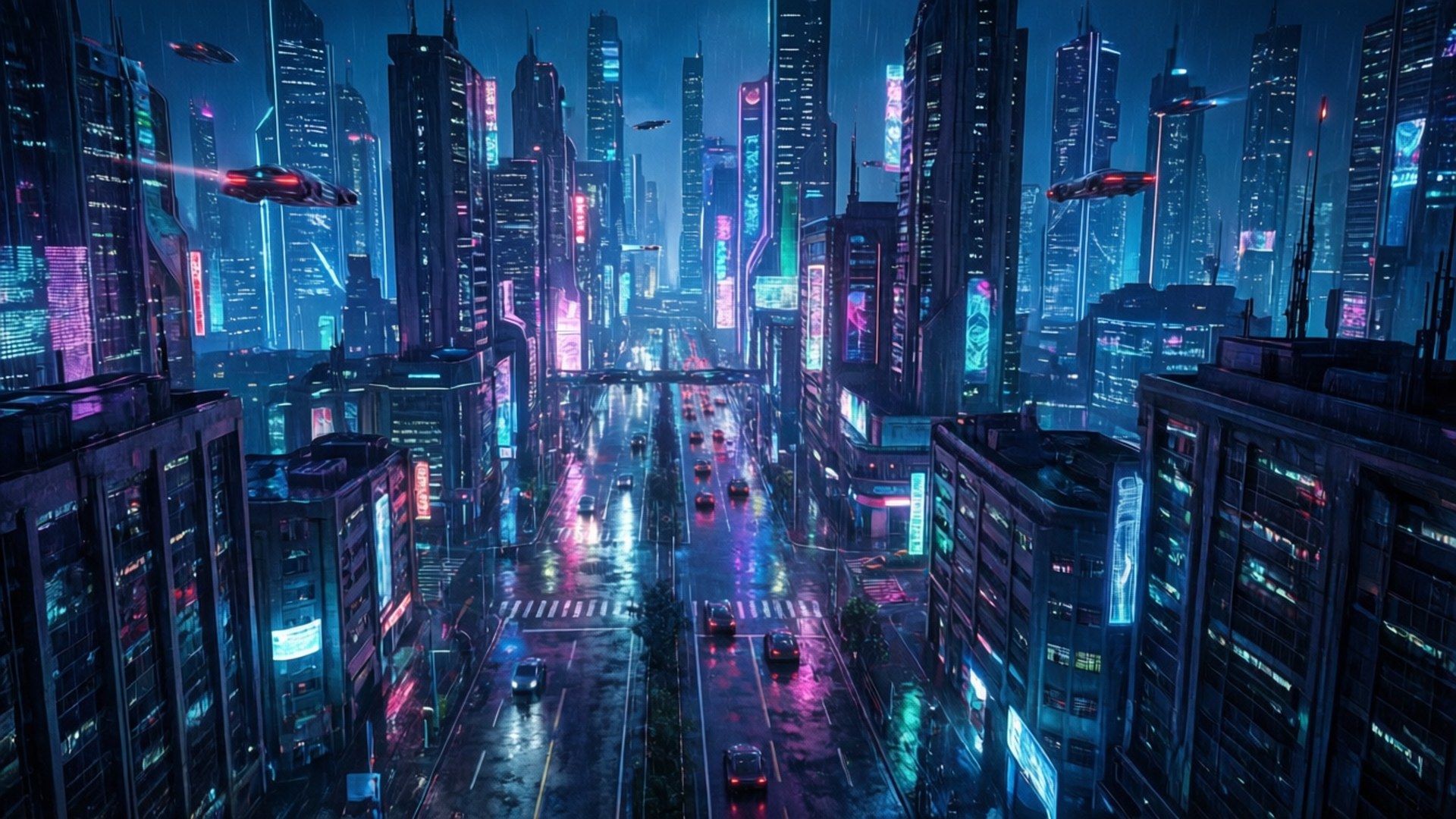 未來城市夜景，霓虹燈和飛天汽車在濕漉漉的街道上。