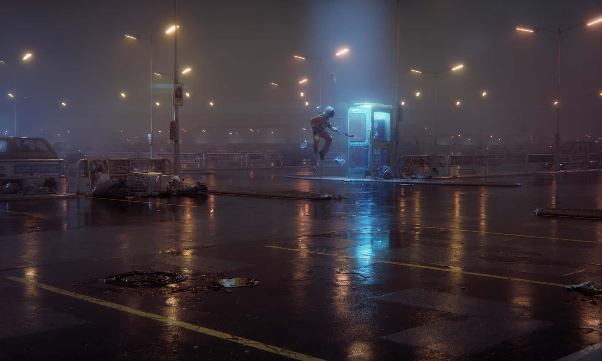 夜晚，一個人站在下雨的城市停車場中，靠近一個發光的電話亭。