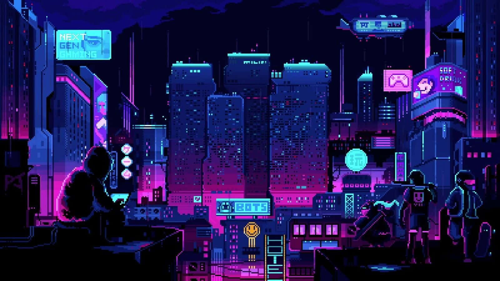 夜晚霓虹燈照亮的未來城市天際線，帶有像素化建築和發光招牌。