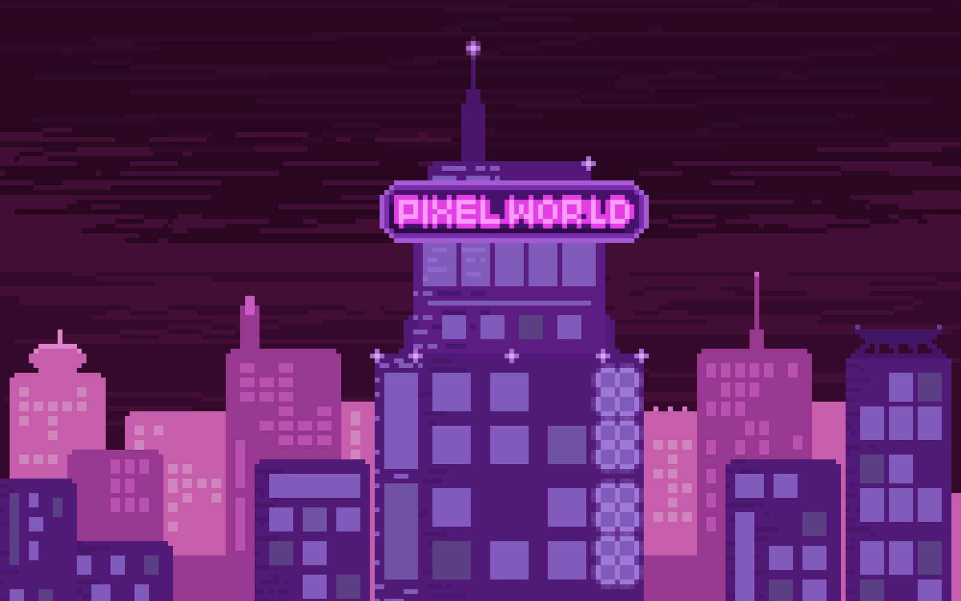 夜晚的像素藝術城市天際線，帶有發光的霓虹燈牌，上面寫著 PixelWorld。