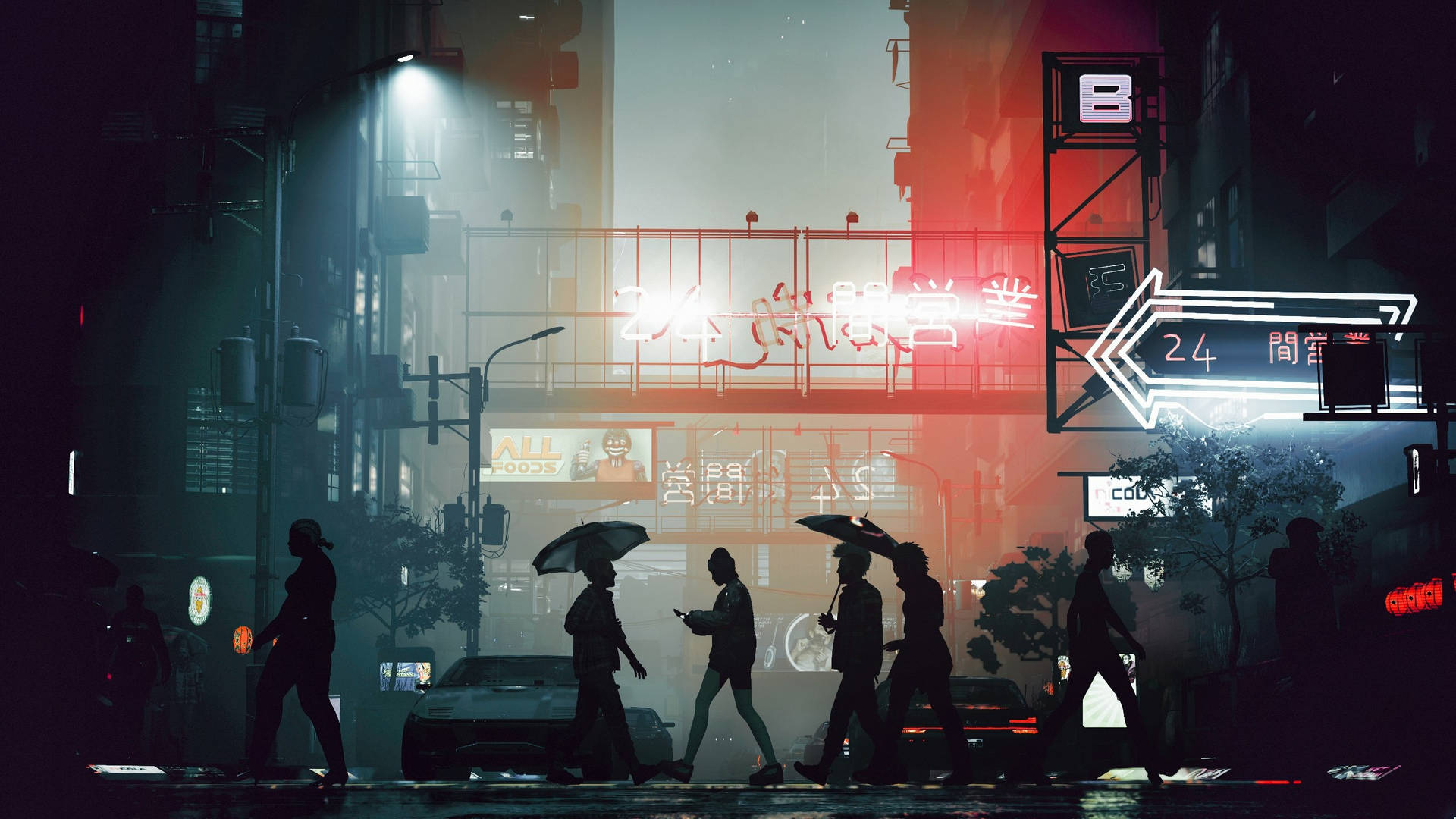 撐著雨傘的人們在夜晚穿過濕滑的霓虹燈城市街道。