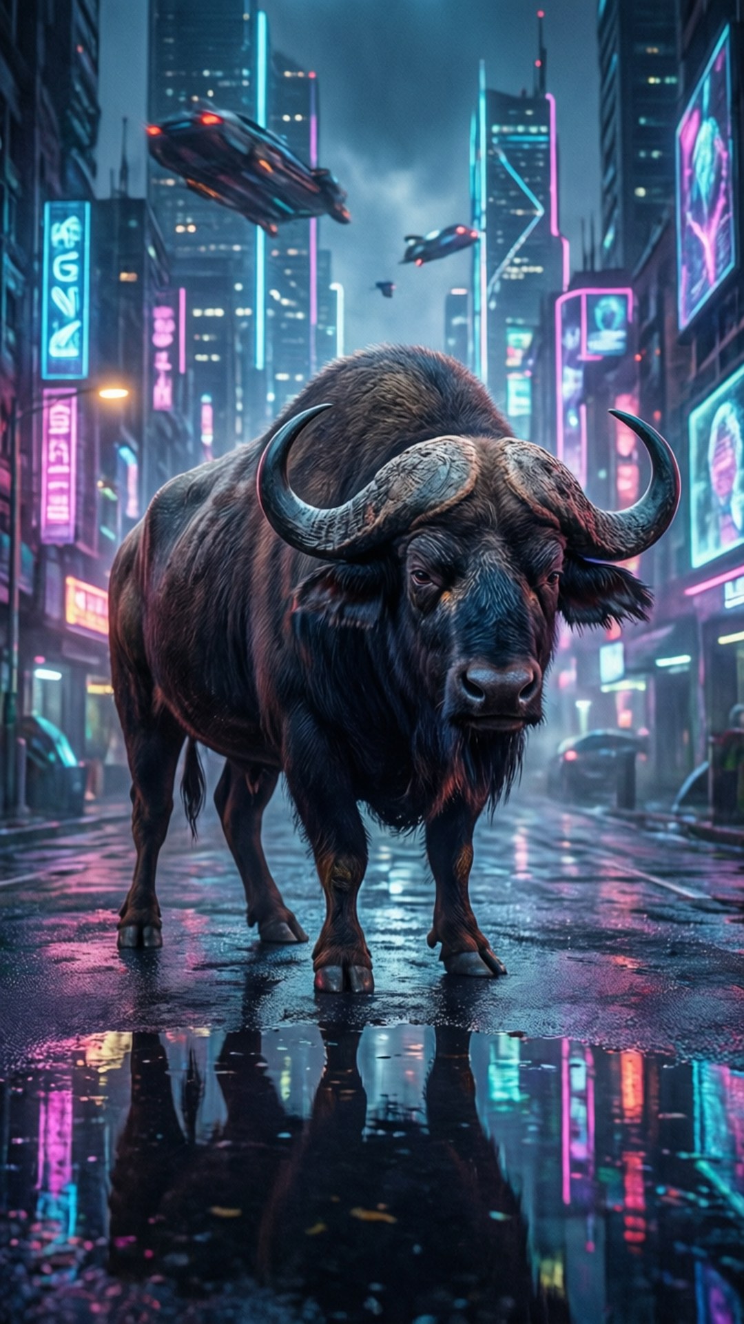 賽博龐克水牛 壁紙 — 一頭巨大的水牛站在充滿霓虹燈的賽博朋克城市街道上，飛行汽車在高聳的摩天大樓之間滑行。
