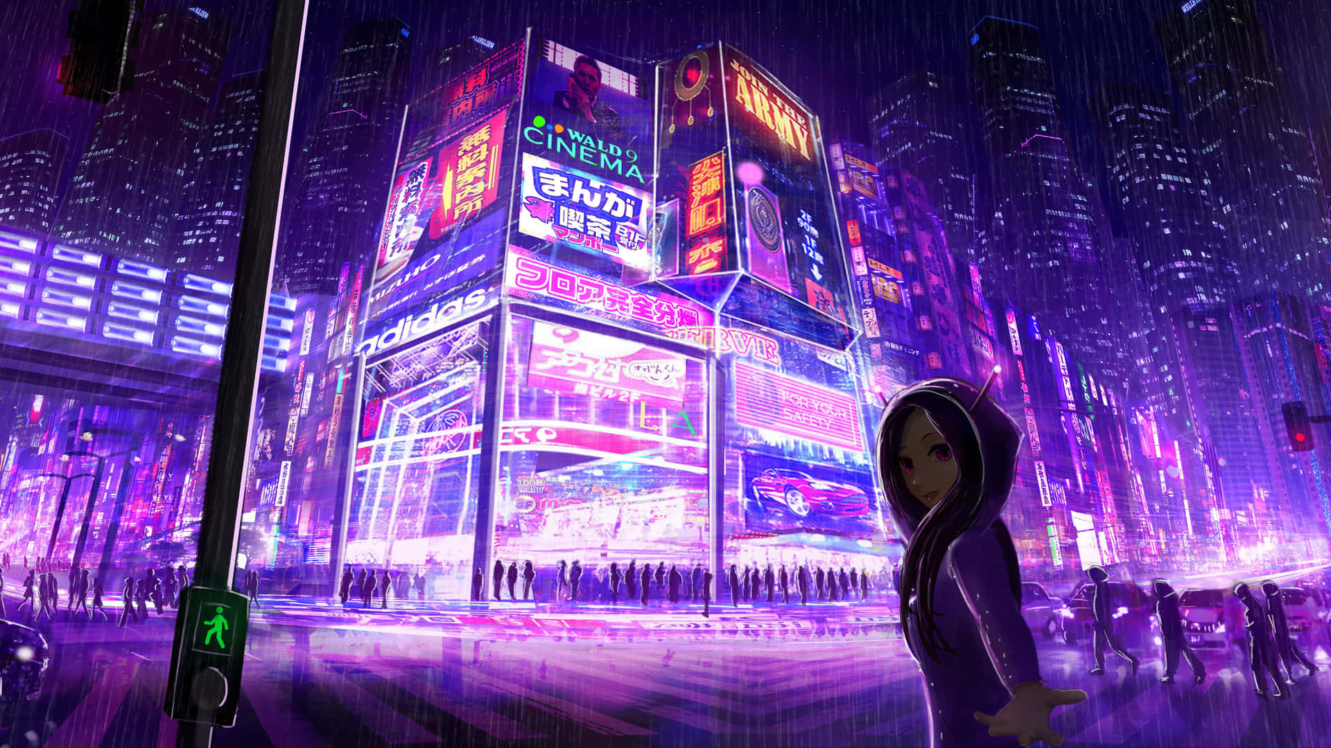 一個戴兜帽的動漫角色站在雨夜霓虹燈照亮的未來城市中。