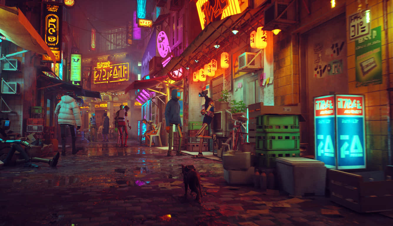 夜晚霓虹燈照亮 cyberpunk 小巷，濕漉漉的街道上有人和一隻貓。