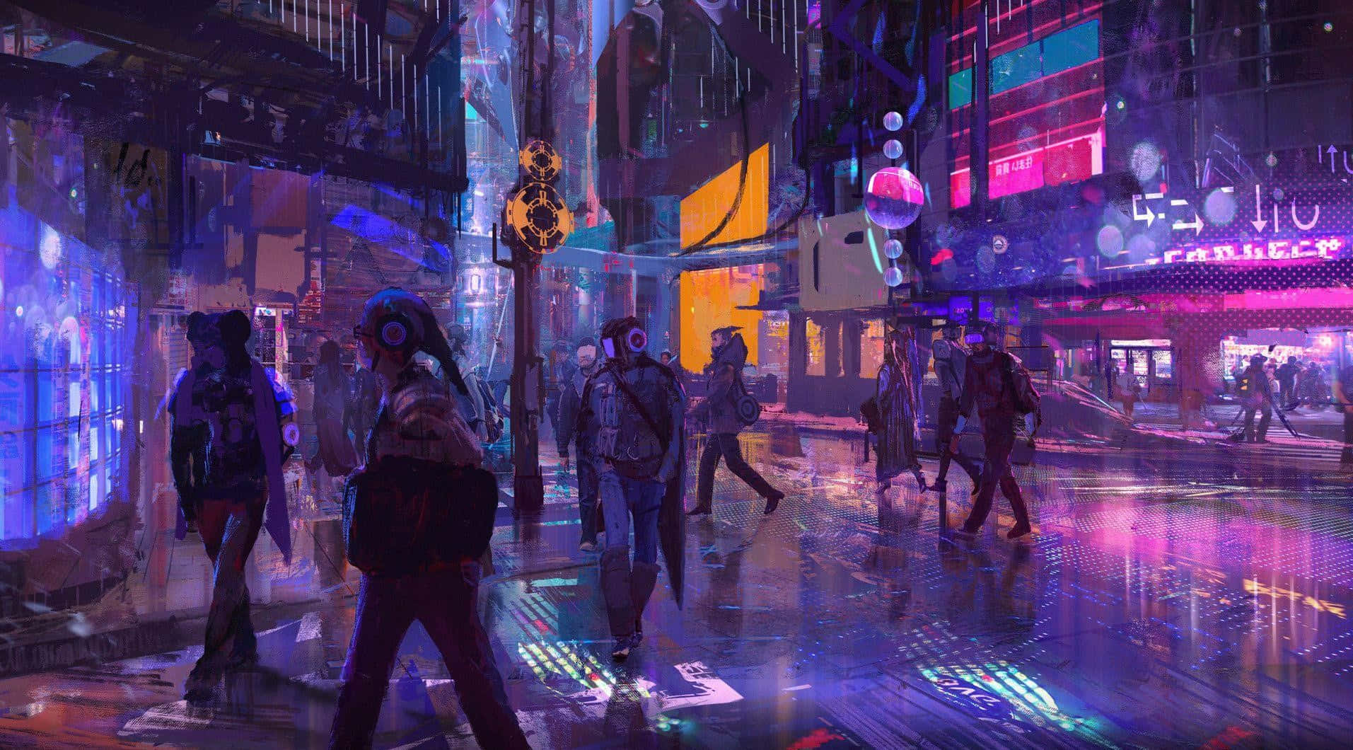 人們在夜晚走過一條霓虹燈照亮、被雨水浸濕的未來主義城市街道。