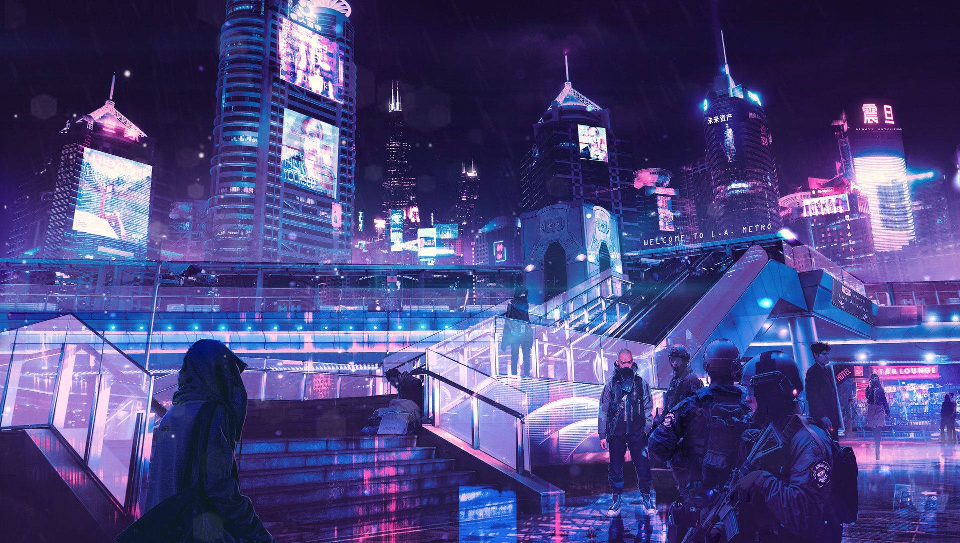賽博龐克城市夜景，霓虹燈和武裝人物在玻璃走道上。