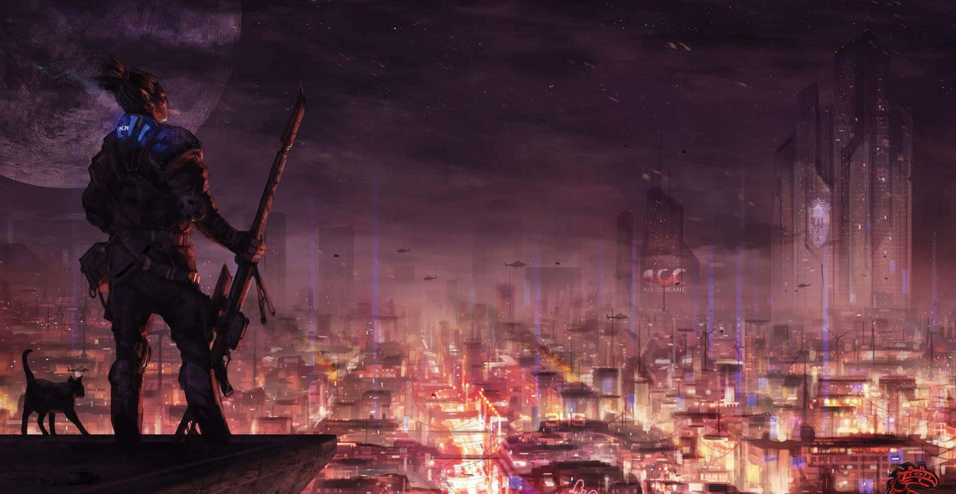 戰士和貓站在屋頂上，眺望著夜晚發光的未來城市。