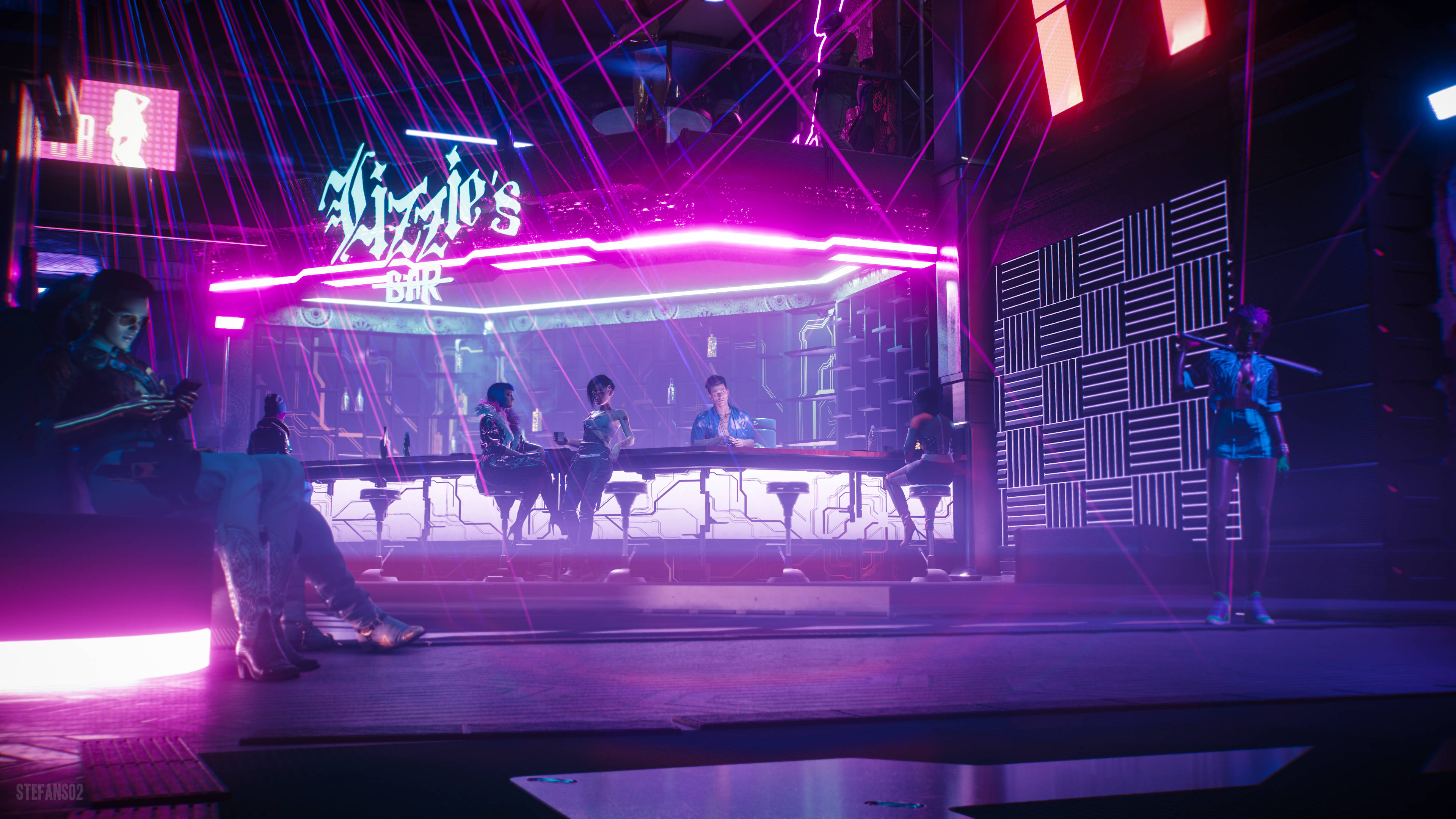 賽博龐克莉茲酒吧 壁紙 — 充滿霓虹燈的 cyberpunk 酒吧，顧客在發光的吧檯前，舞台上有表演者在充滿活力的粉紅色和紫色燈光下表演。