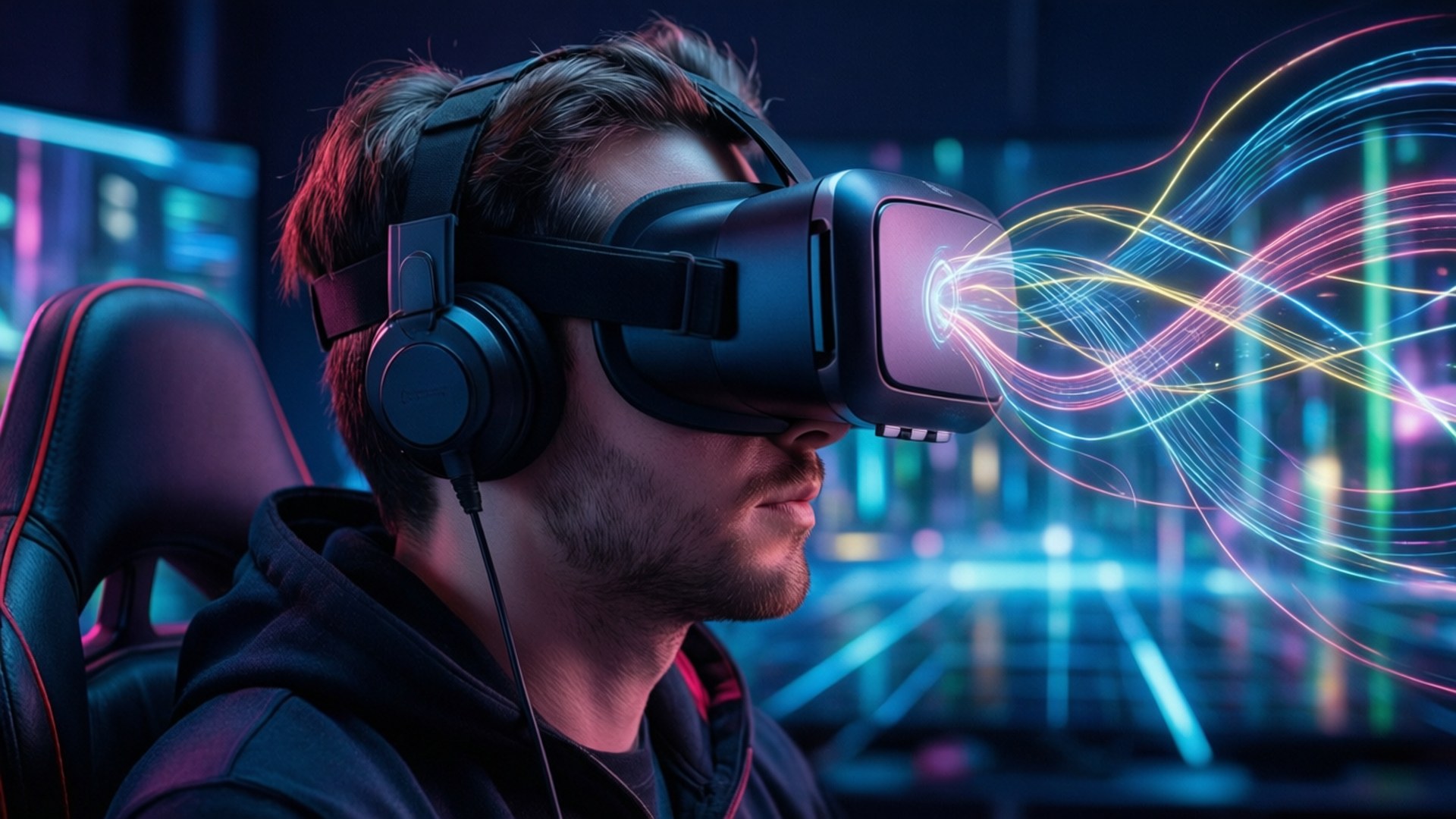 男人戴著VR頭戴式裝置，發光的霓虹光軌從裝置中出現，在黑暗的房間裡