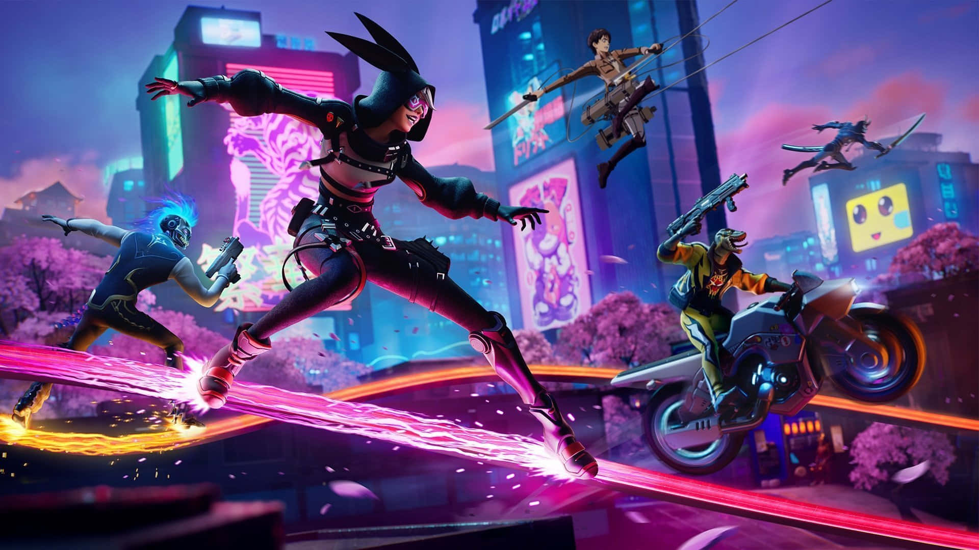 Fortnite - PS4 - PS4 - PS4 - PS4 - PS 壁紙 — 賽博龐克角色在充滿活力的暮色天空下，於霓虹燈照亮嘅城市屋頂上跳躍同戰鬥。