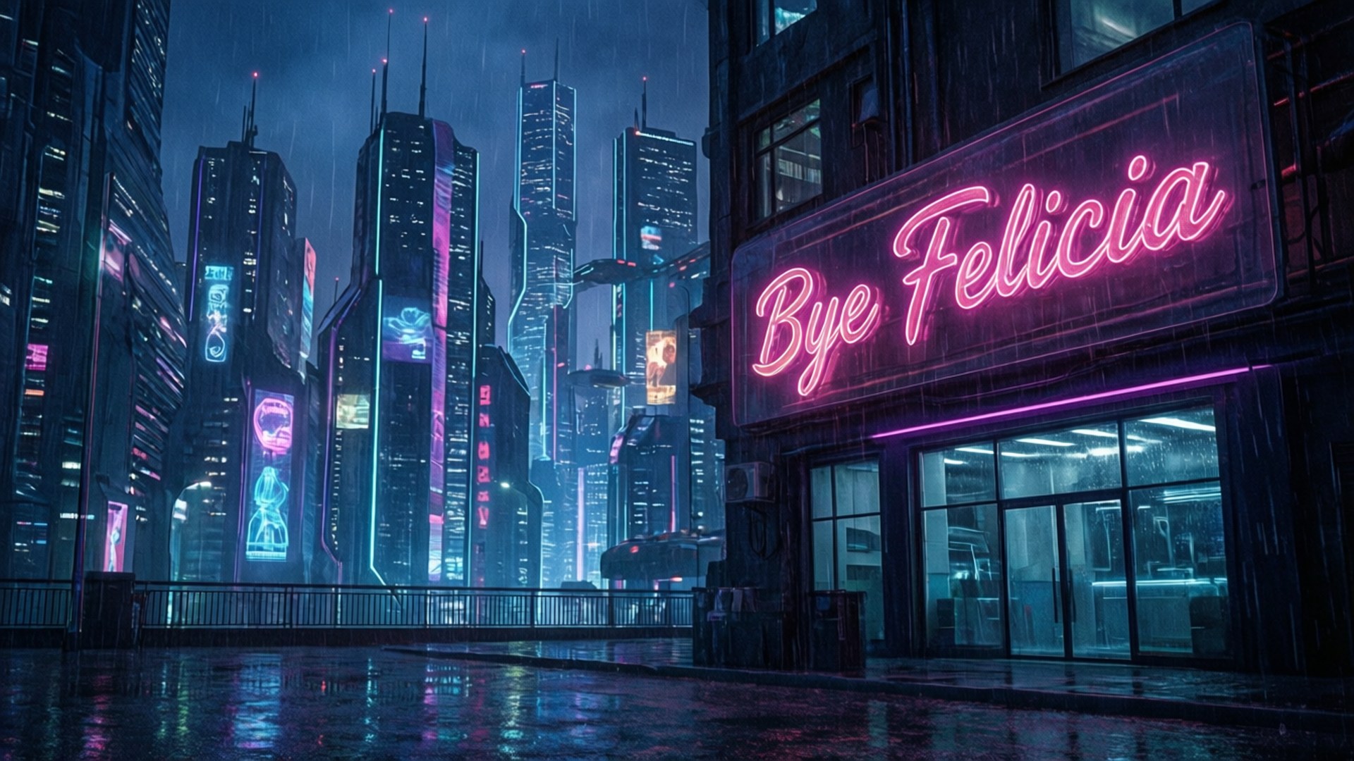 霓虹燈在雨夜中的未來城市閃耀。
