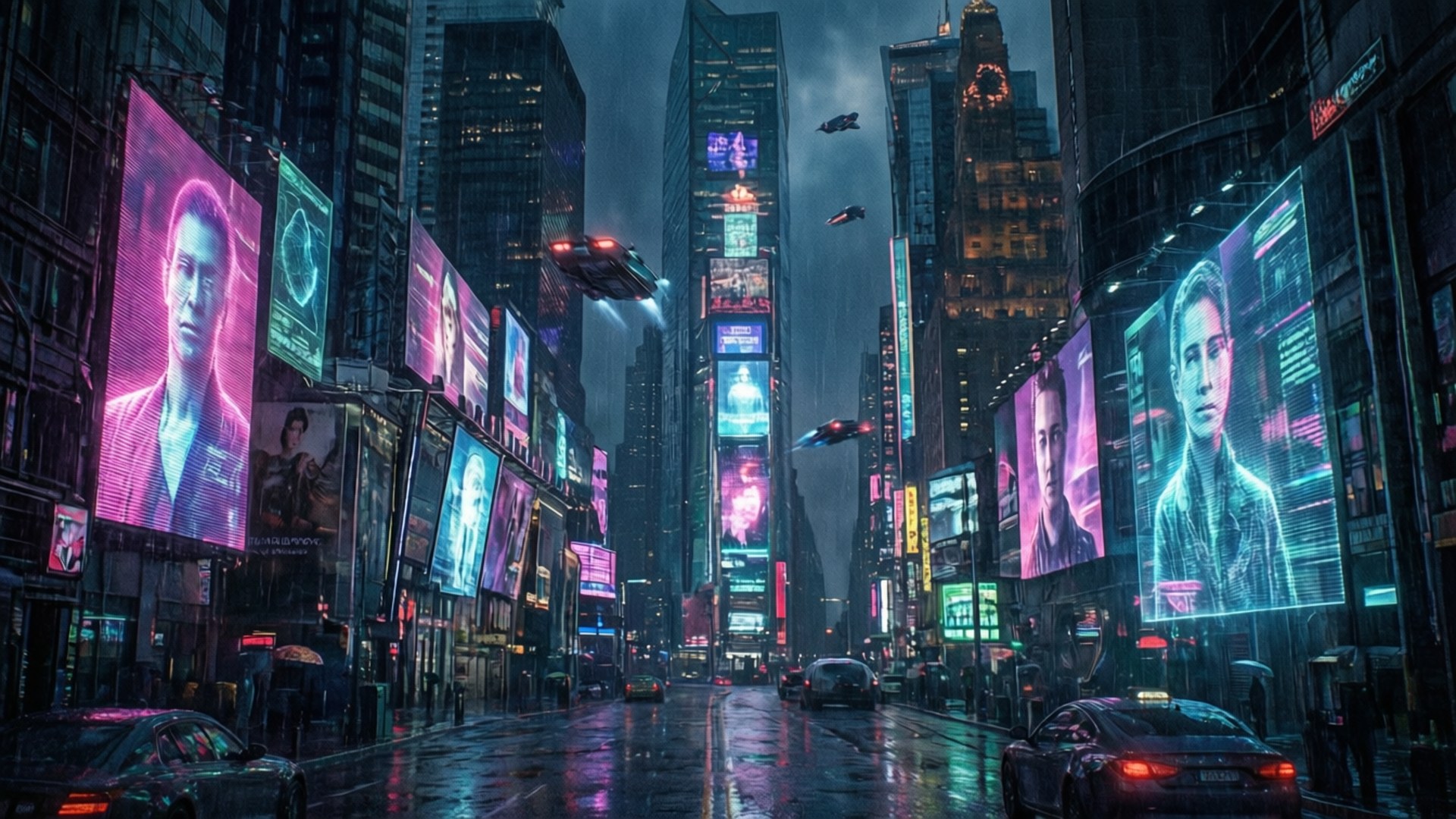 夜晚的未來城市街道，閃爍的霓虹燈招牌和雨中飛車。