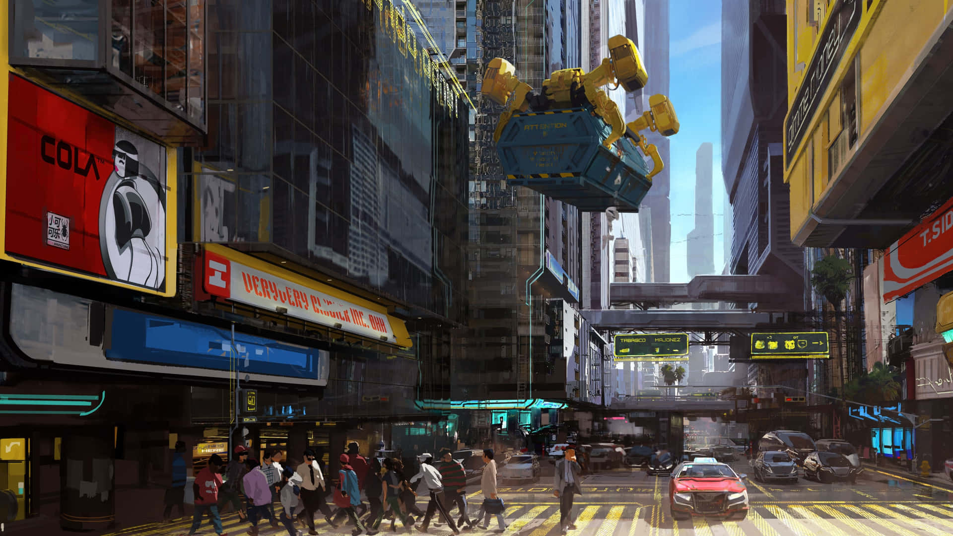 未來城市街道，有飛行無人機和行人過馬路。