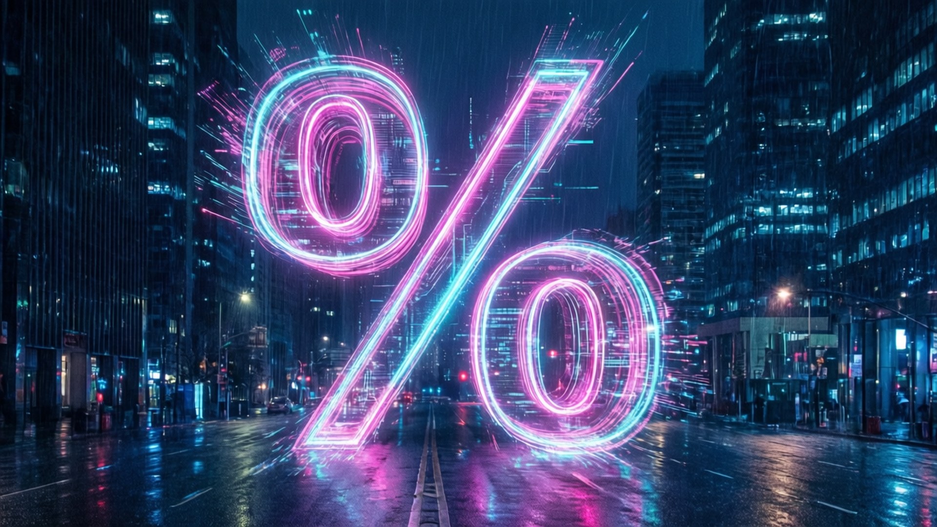 霓虹燈百分比符號漂浮在濕漉漉的街道上（夜晚）