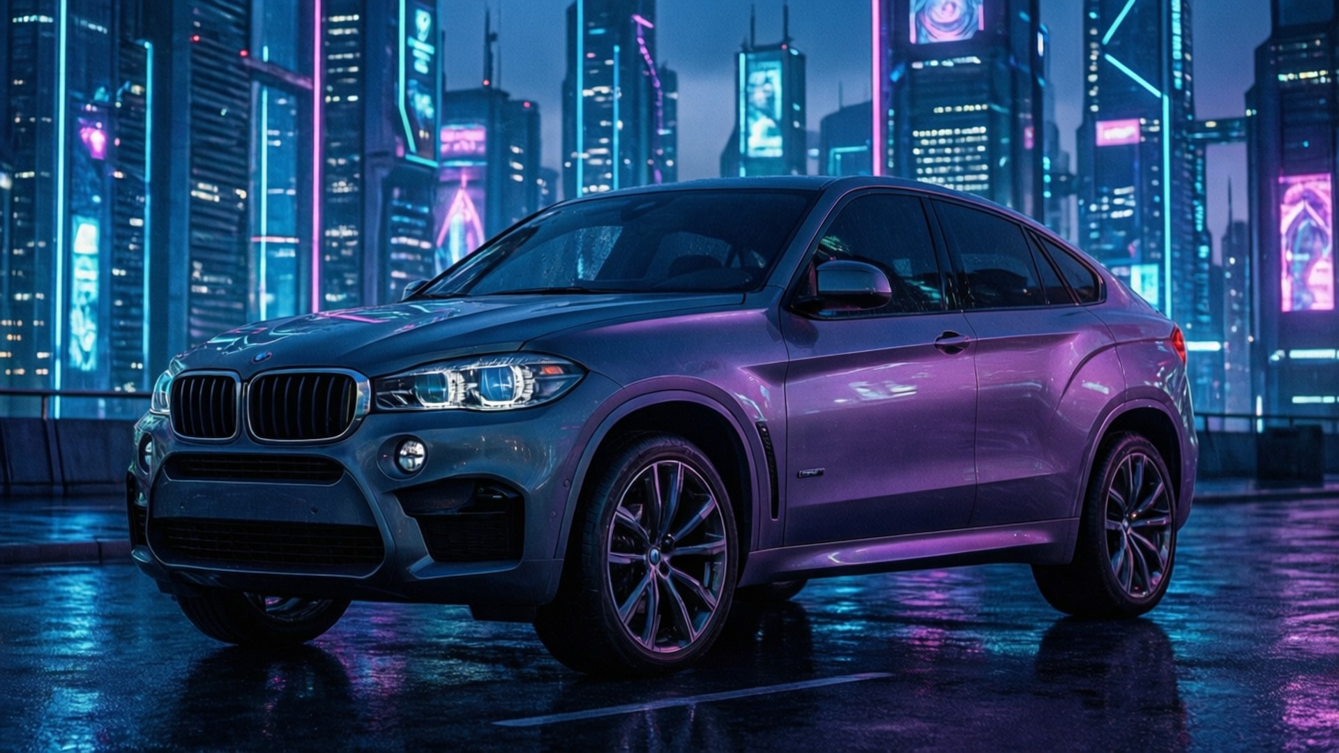 夜間在發光的霓虹城市燈光下，停在濕漉漉街道上的紫色寶馬X6 SUV。