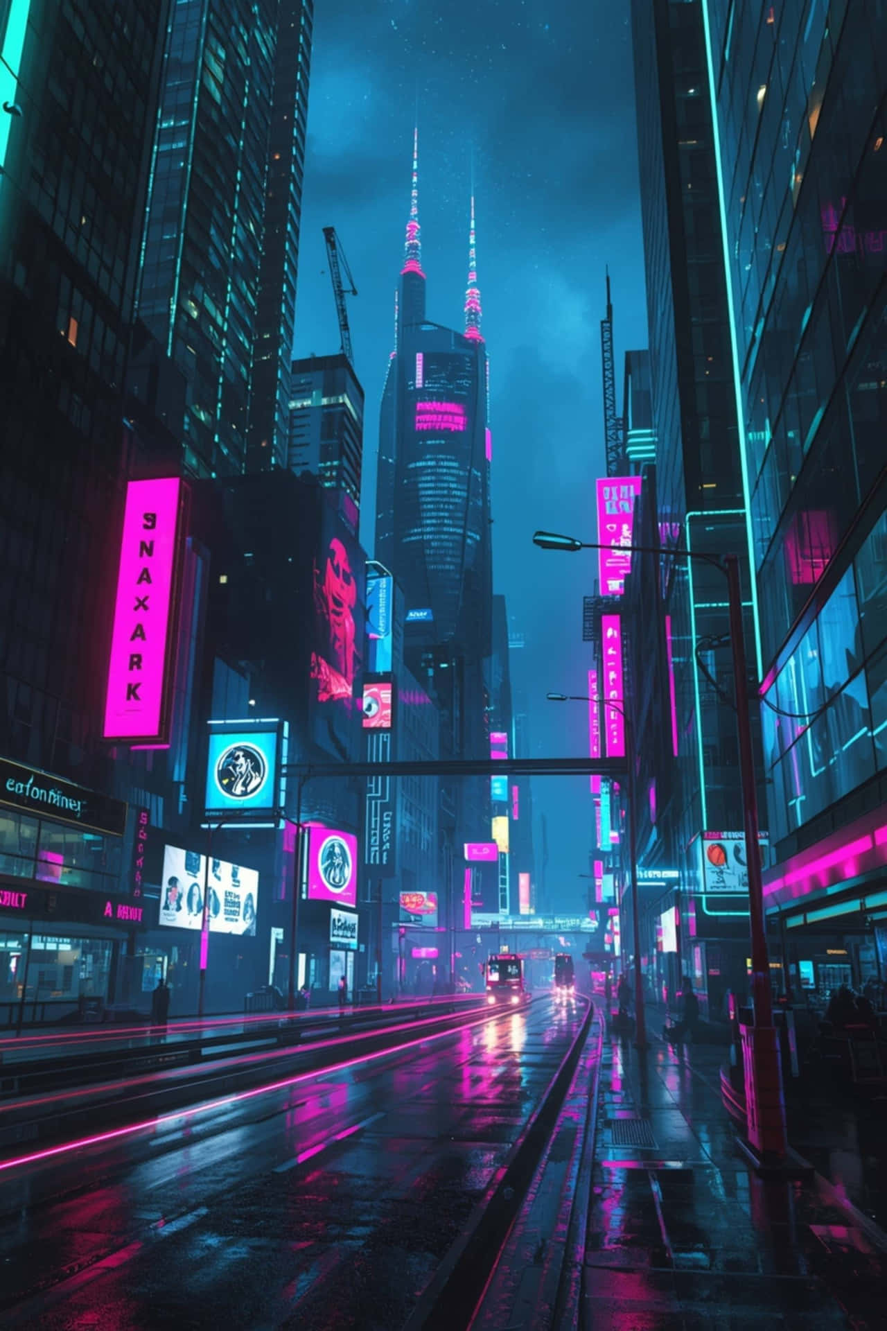 一條濕漉漉嘅夜晚城市街道，被鮮豔嘅霓虹燈招牌同高聳嘅建築物照亮。