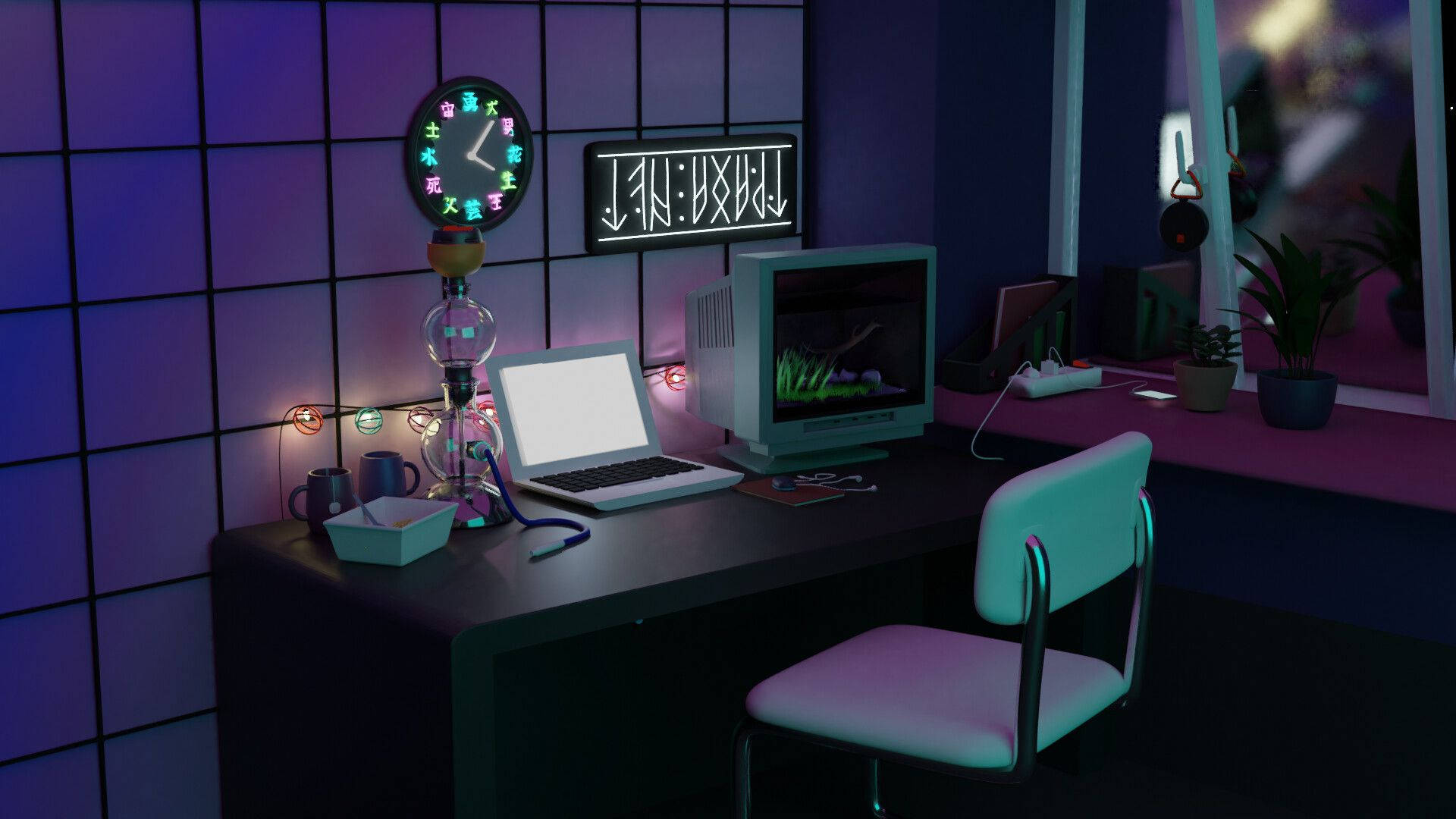 夜間霓虹燈照亮的復古家居辦公室，配有復古電腦和發光時鐘。