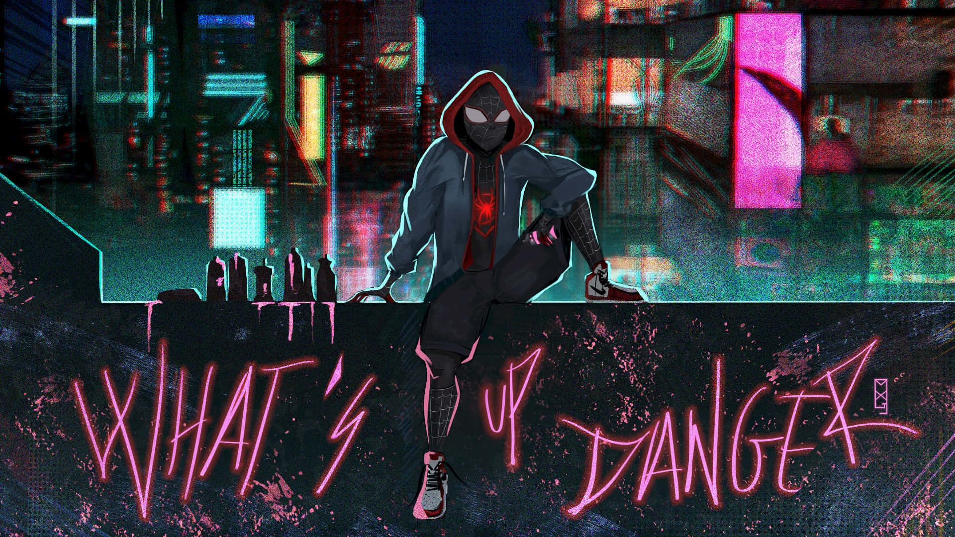 蜘蛛俠穿連帽衫在屋頂上，有霓虹城市和粉紅色塗鴉寫著「WHAT'S UP DANGER」 — Miles Morales 動漫 壁紙