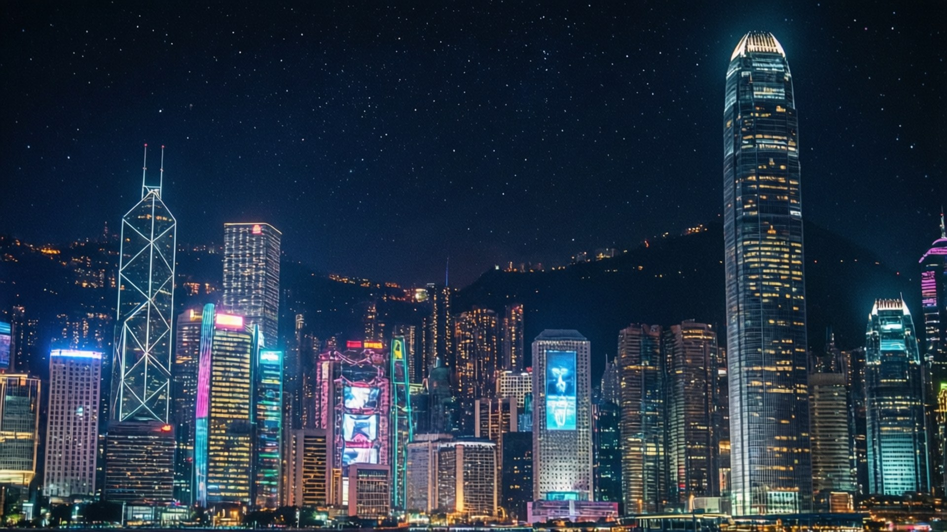 香港天際線夜景，明亮的燈光和星星在天空中清晰可見。